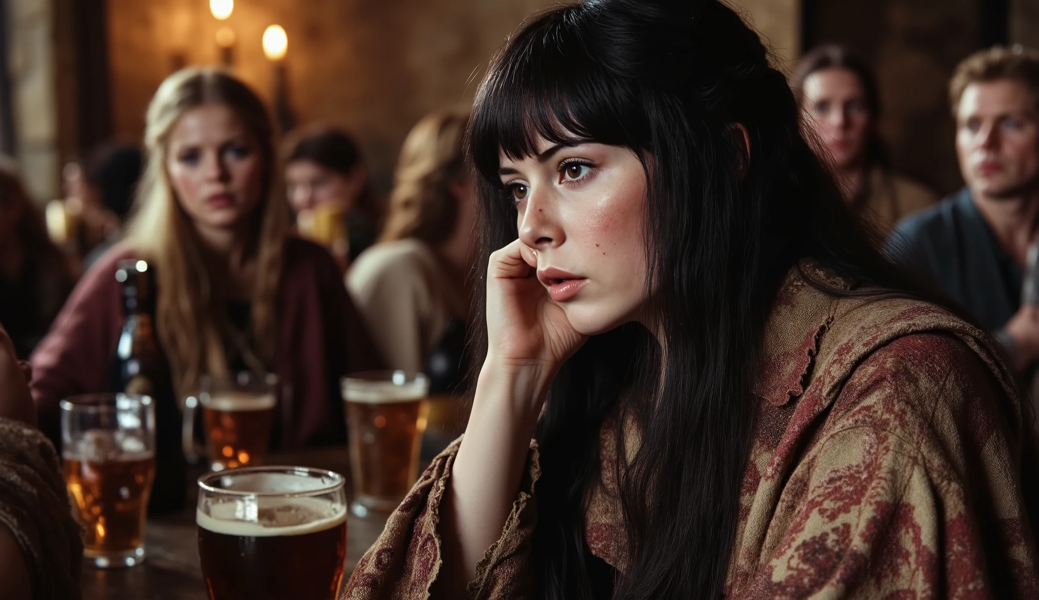 A short female human mage dressed in darkly etched patchwork robes. She has a bruised face and long, dirty black hair. Her skin is white, her eyes are dark brown. She is nursing a flagon of ale, and her face is tired and depressed as she watches a female paladin and male knight argue in a crowded medieval tavern.