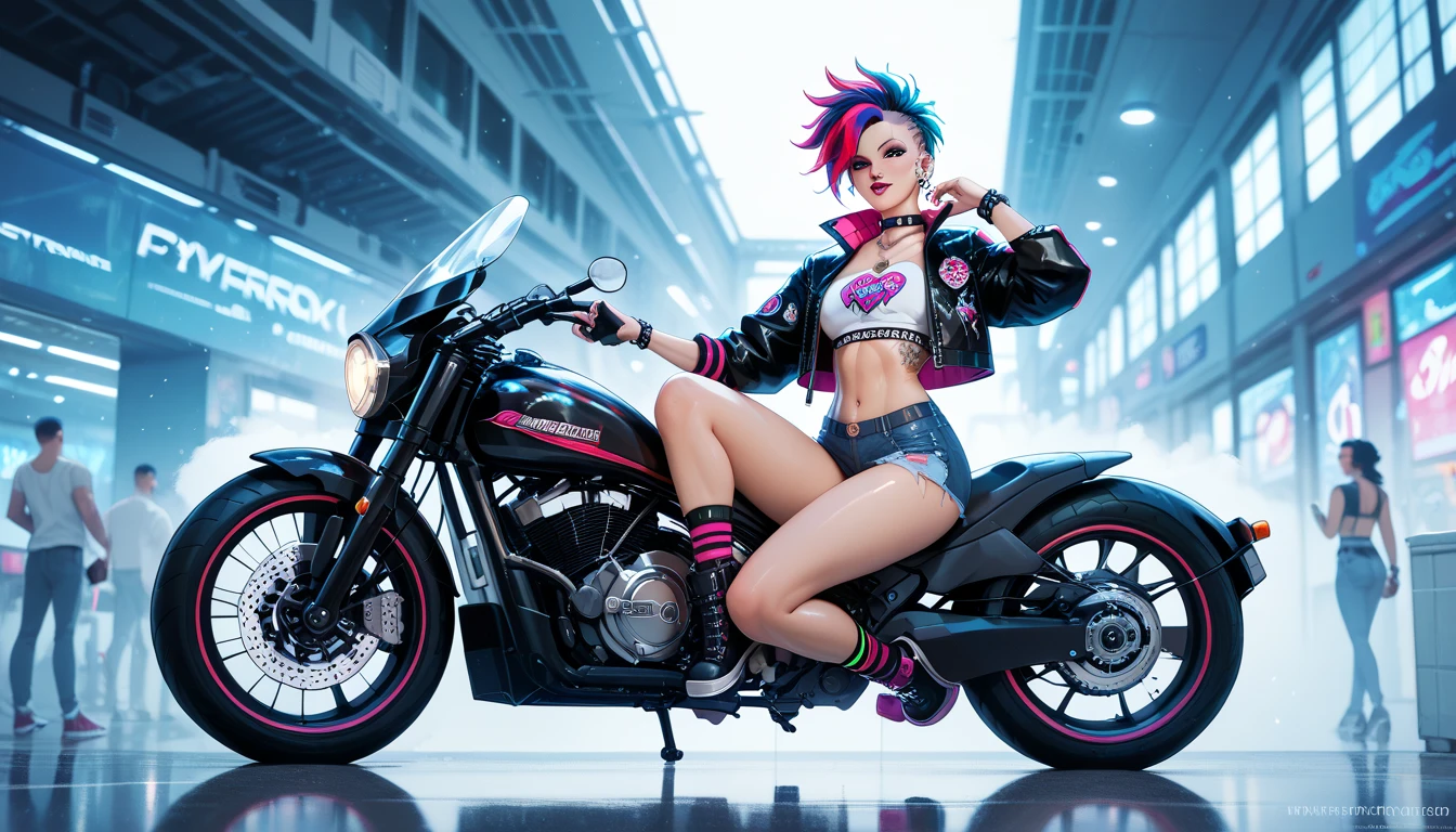 Kizi,cyber punk perssonage,short detailed hair,glomy,Tattooed with,locomotive,leather clothes,neonlight