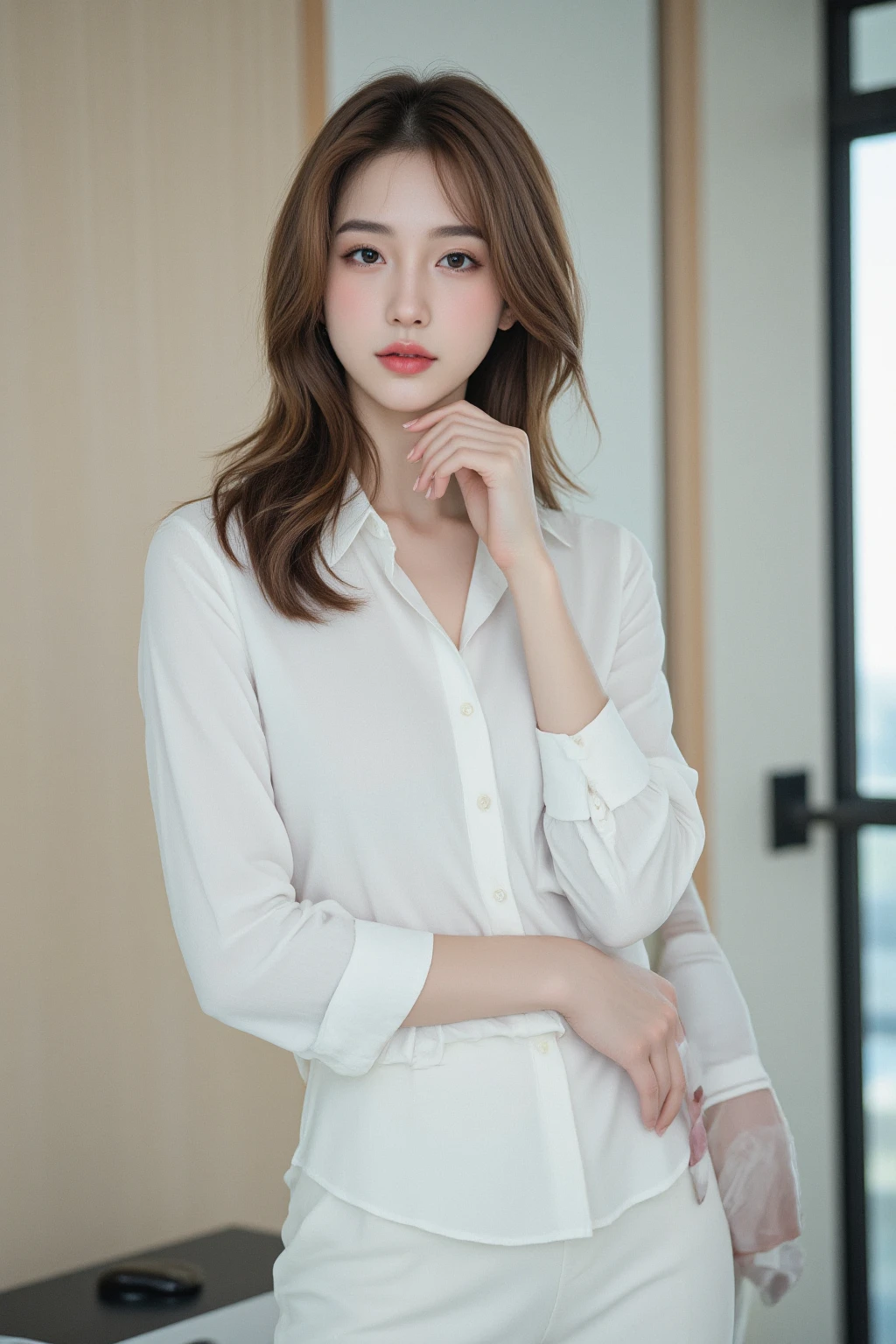 (cityscape,office,
office lady,white coat,white_miniskrt,pantyhose),
,hand in own hair,
tight elbow gloves,
from below,
(looking at viewer),
(parted lips),happy,
smile,(detailed eyes,bright pupils),shiny skin, skindentation,
<lora:hipoly3DModelLora_hiqcgbody:0.15> hiqcgbody,big eyes,unparalleled masterpiece, ultra realistic 8k CG, clean, beautiful face, shiny skin,(skindentation),