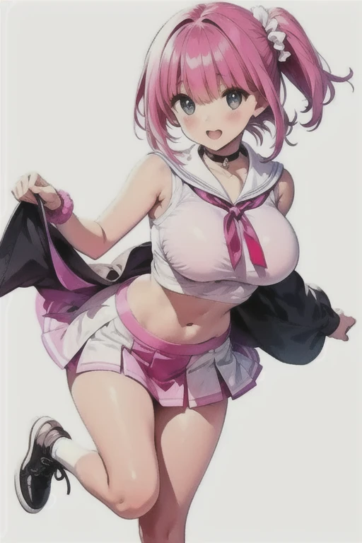 blue eyes, 1girl, pink lips,pink hair,subdue,Shoulder bag,Skirt,sneaker、Klaragym、klara(pokemon), (((Micro Bikini)))、(((underboob)))、(((cameltoe)))、((Big Breasts))、pointy breasts、