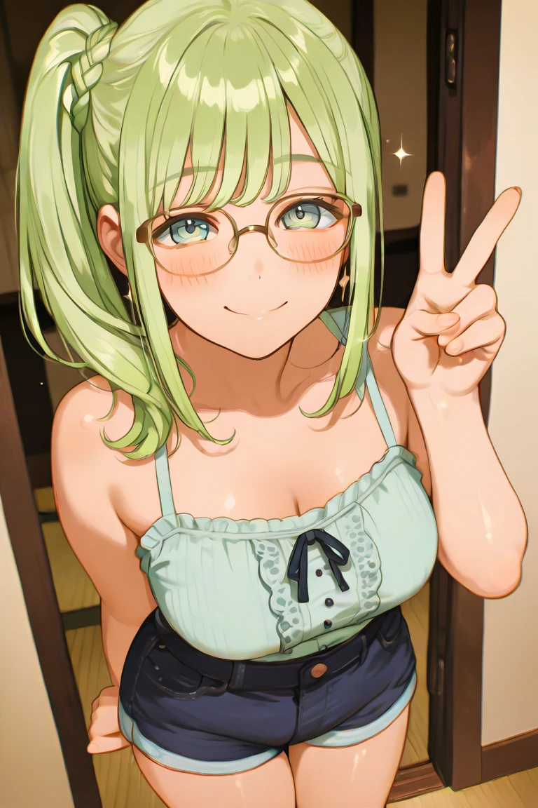 Garota, cabelo loiro, anime, olhos verdes, short curto de academia, blusa colada, eyeglass, fundo de academia, posando, sorrindo, fundo de gyn, pesos no fundo