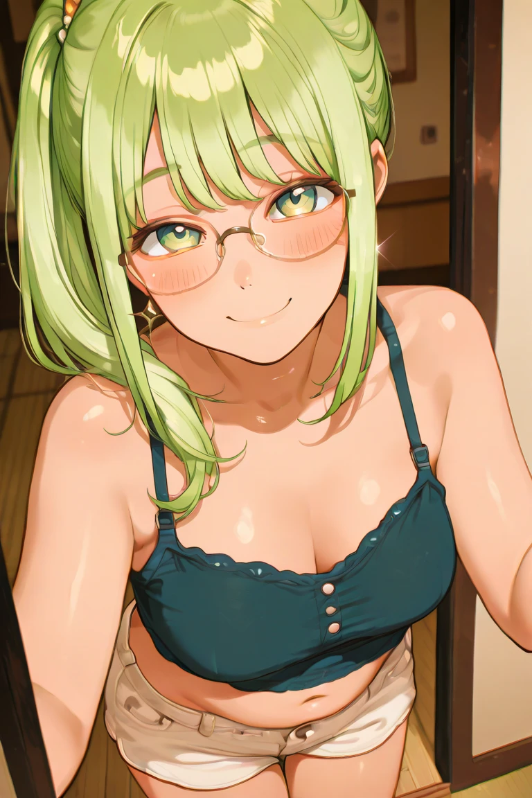 (8k, masterpiece, Best Quality, ultra-detailed, Professional lighting, beautiful detailed faces, bright colors) beautiful chubby mature woman, naked, long green hair tied in a braid, happy smile mouth open tongue out, rolling eyes, wearing glasses, oppai, oppai proportions, golden eyes, whole body visible, outdoor near a lake, pov, doggystyle fucked