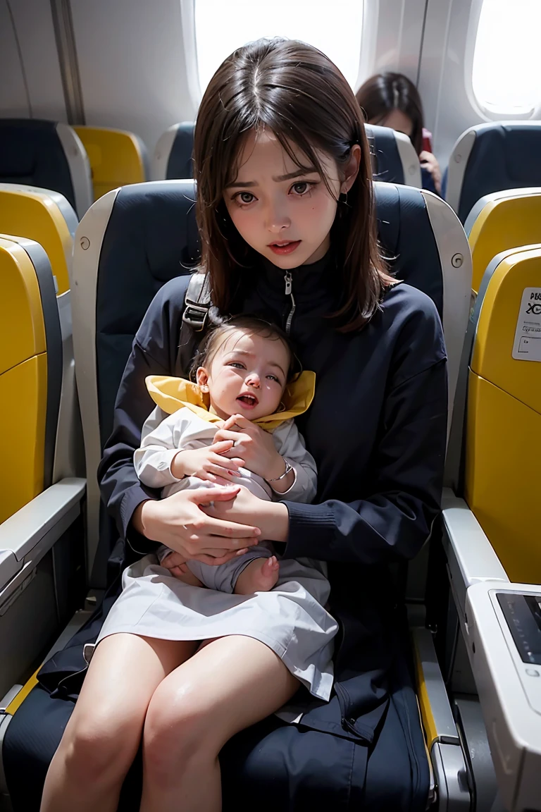 A crowded Taiwan airplane cabin filled with diverse passengers, some frowning, others sighing, and a few attempting to comfort a distressed couple with a crying baby. The parents look overwhelmed, while a flight attendant rushes in to assist. The scene captures the tension and empathy in the air, with soft lighting highlighting the expressions of concern and frustration. Realistic details of the airplane interior, including overhead bins and seat designs, create an immersive atmosphere. UHD, 8K, digital art, trending, photo-realistic.