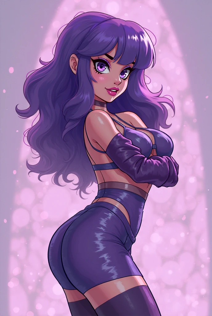 score_9,score_8_up,score_7_up,score_6_up, ((my little pony)), radiant lighting, vibrant colors, whimsical atmosphere, 8K, high resolution, highly detailed, masterpiece, dark-red body, ((long purple hair)), dark purple eyes, black tank top, black thong, seductive pose, showing butt