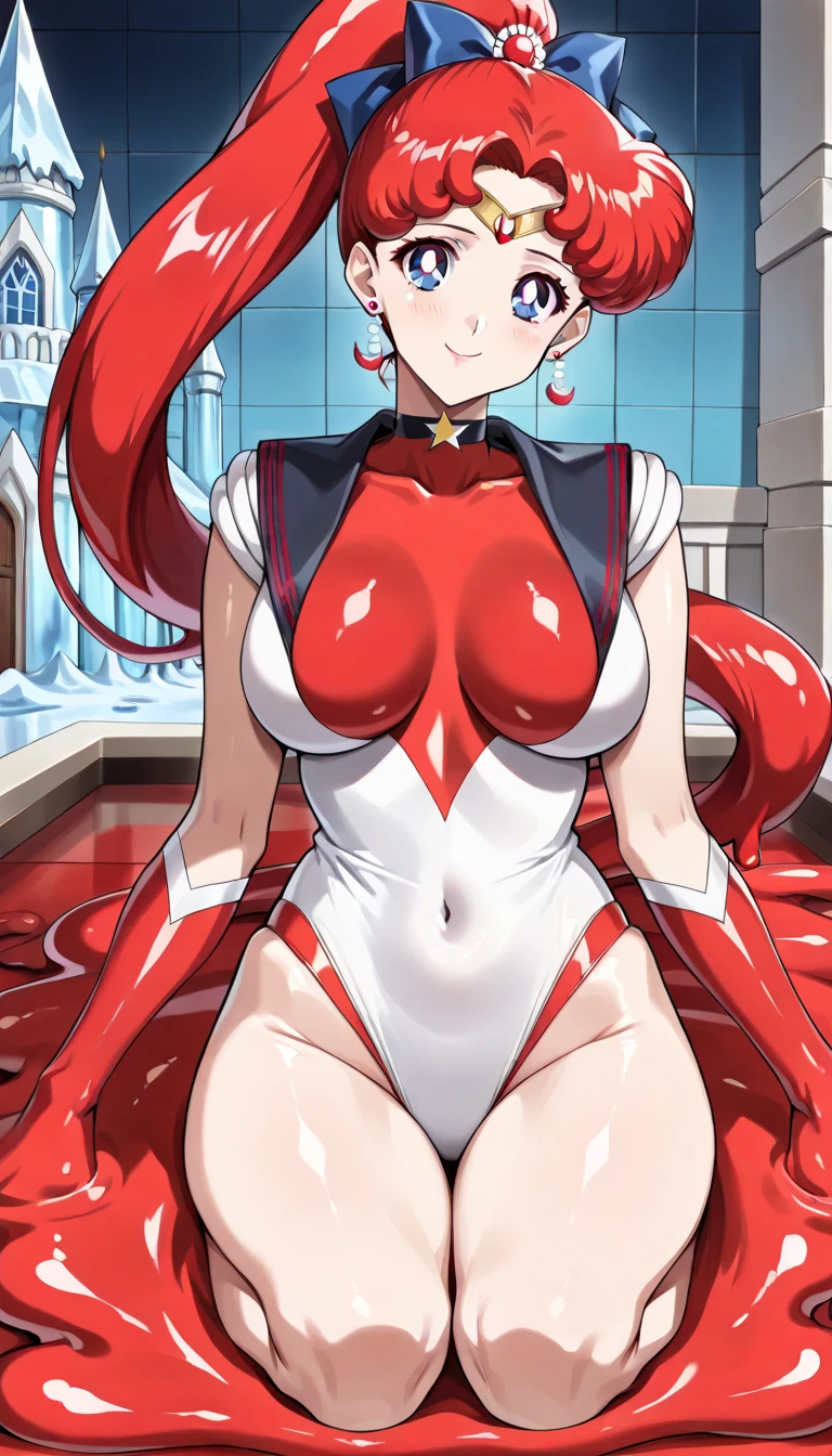 Code Geass, Kallen Stadfeldt, 1girl, (((bimbo))), long red hair, blue eyes, puffy lips, painted lips, thick lips, wide hips, thick thighs, big breast, huge ass, revealing cleavage, erotic smile face, bubble butt, camel toe, breasts, red suit, posing, night time, moon,