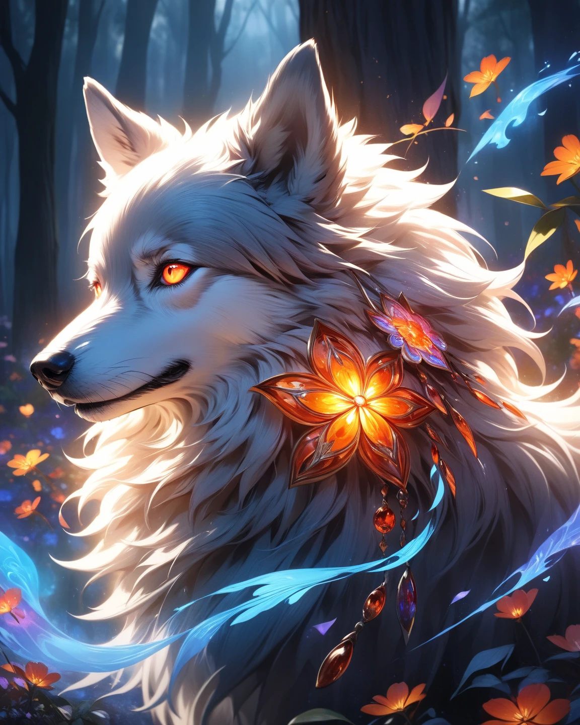 Mysterious Wolf Dog with Intricate Patterns、 Glowing Amber Eyes 、Wrapped in a dreamy aura、Fur with a flowing, glowing pattern、Colourful flowers and leaves against an enchanting and mysterious forest backdrop、A peaceful atmosphere、A magical, otherworldly atmosphere、Dark night sky and soft mute light、beautiful digital fantasy art、A fantasy work with bewitching and strength、 artistic composition、A fantastic and captivating depiction、Best Quality、high image quality、masterpiece