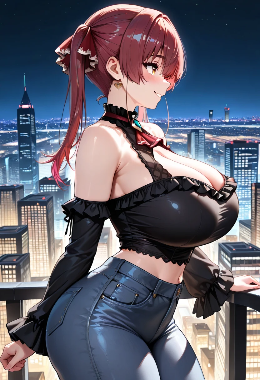 woman, red pixie cut hair, green eyes, wearing crop top black shirt, long black jacket, red plaid skirt, (black knee high boots), black fingerless gloves, exposed shoulders, large breasts, thick thighs, freckles, cleavage, looking at viewer, Holo-Punk Style, in the city