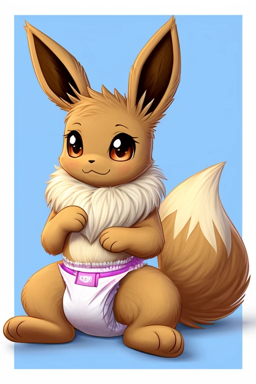 adult mammalian pokemon eevee with four paws with long eyelashes wearing diapers