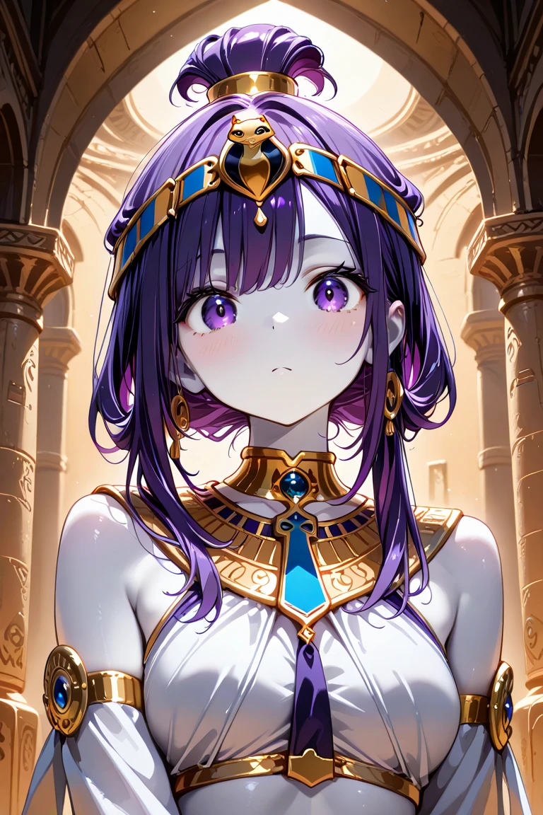 white background <lora:Saint XL:0.8> saint, wearing cleric robes, (masterpiece), best quality, highres, 4k, 8k, cinematic lighting, amazing quality, amazing shading, soft lighting, Illustration, official artwork, anime style, wallpaper, official art, ultra detailed skin, ultra detailed face, perfect eyes, small skin imperfections, 1girl, French bob, small boobs, flat chest, Stocky body, purple eyes, Balayage hair