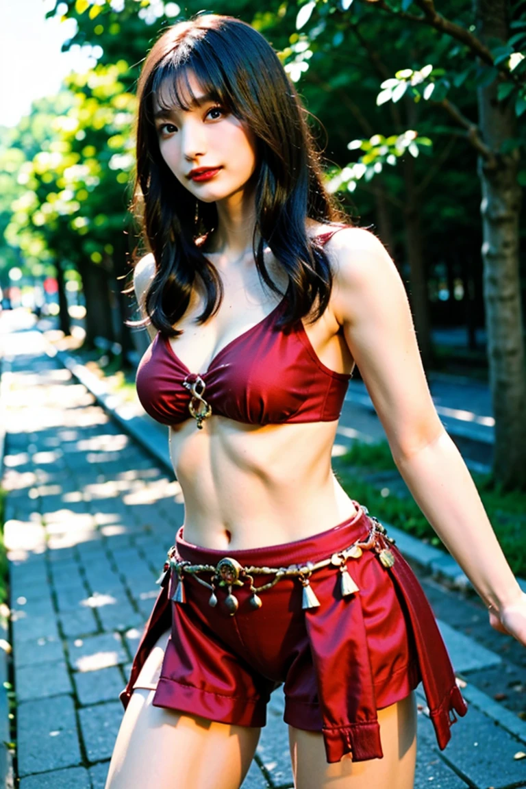 Beautiful woman standing among bright red flowers、Beautiful beautiful woman with bewitching and shiny fair skin。