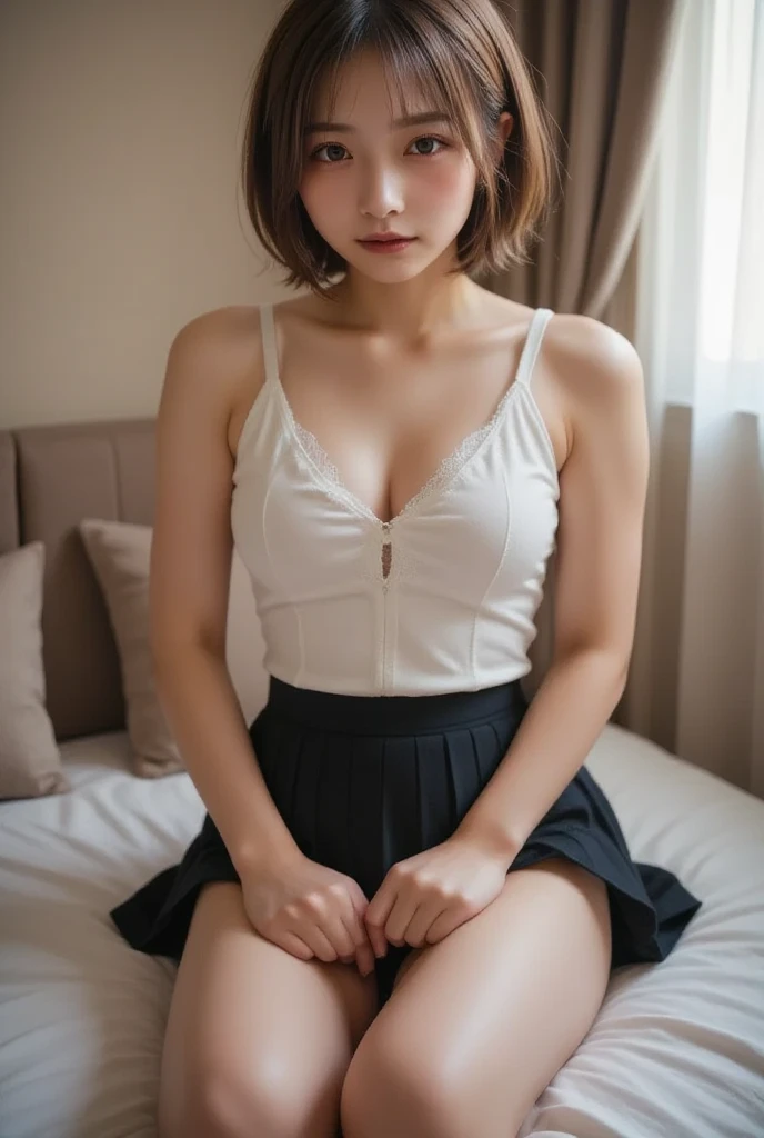 ((Best of the highest quality, 8k, Masterpiece: 1.3, raw photo)), Sharp focus: 1.2, (1 AESPA girl: 1.1), (Solo: 1.18), (realistic, photo-realistic:1.37), face focus, cute face, (Small breasts, flat chest, Thigh: 1.3), messy short hair, (naked or Girls' High School Uniforms), night bar, books, flower, cinematic lighting,