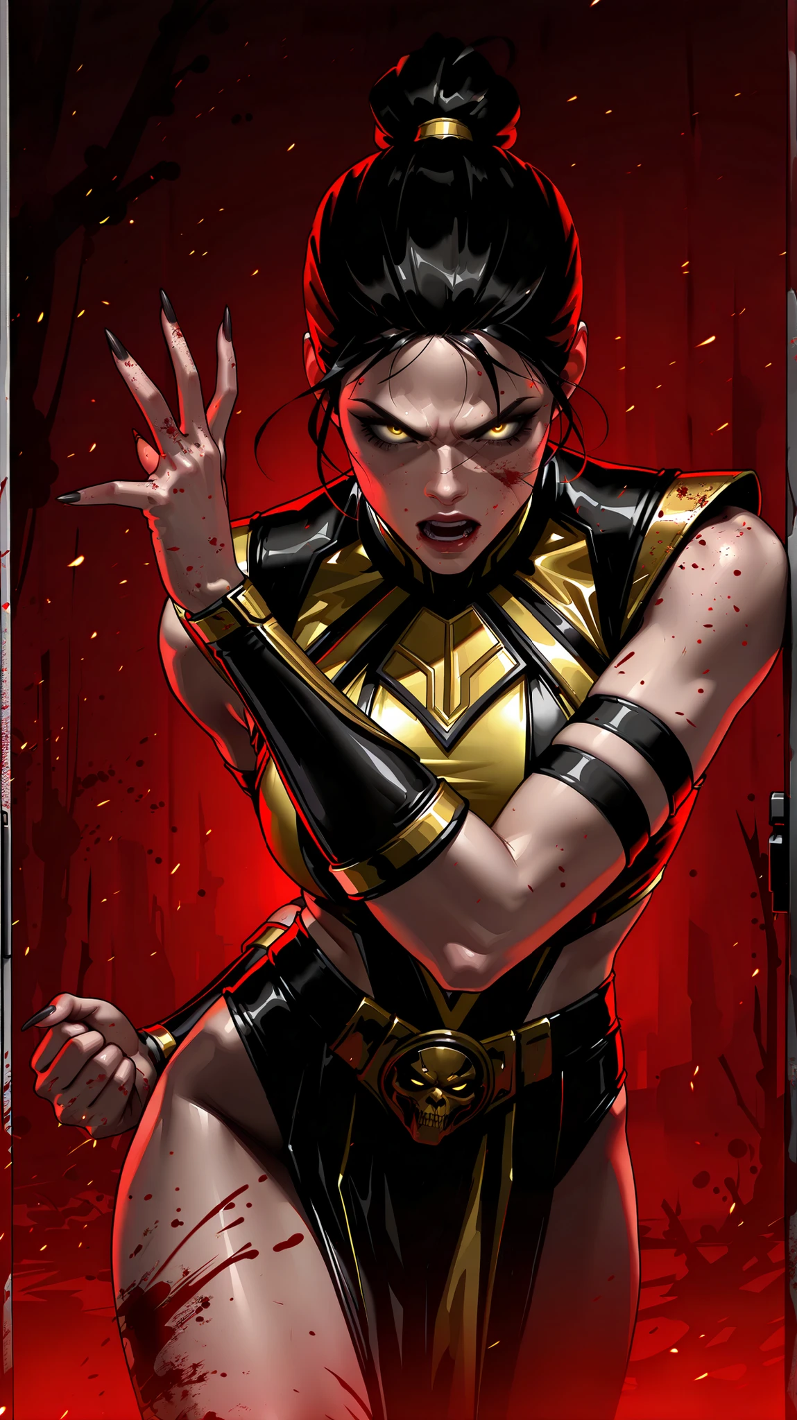 masterpiece, best quality, amazing quality, newest, very aesthetic, 1girl, an intense, evocative portrait from (mortal kombat) art-style,Khameleon from \(mortal kombat\),dynamic pose,long nails,bloody,blood all over her body and face,angry,bloody background