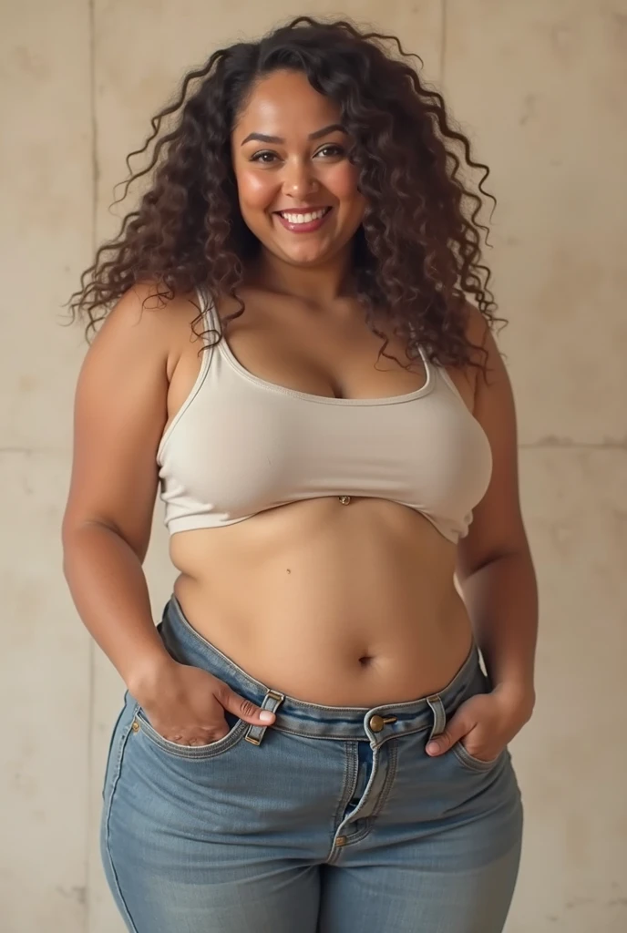 Black-skinned African American adult woman, happy, Frizzy hair, with glasses, and with jean shorts and a sports bra, and with a plump rounded belly resembling a pregnancy, and doing a belly dance, inside your apartment