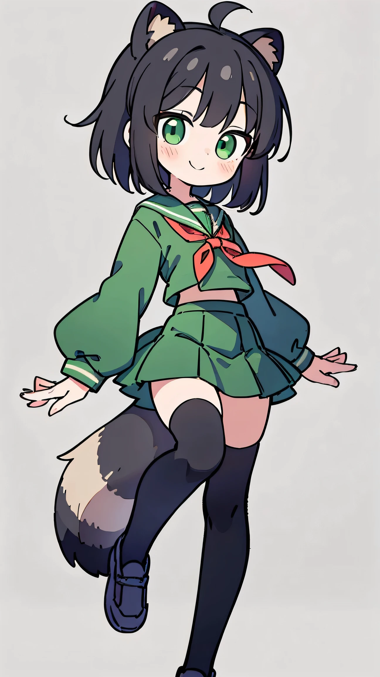 ANIME STYLE、cute face、 female、 Raccoon Ears、Raccoon Tail、black hair、 short hair、 Green Sailor Suit、red ribbon、Green Long Skirt、knee-high、simple background、green eyes、smile、