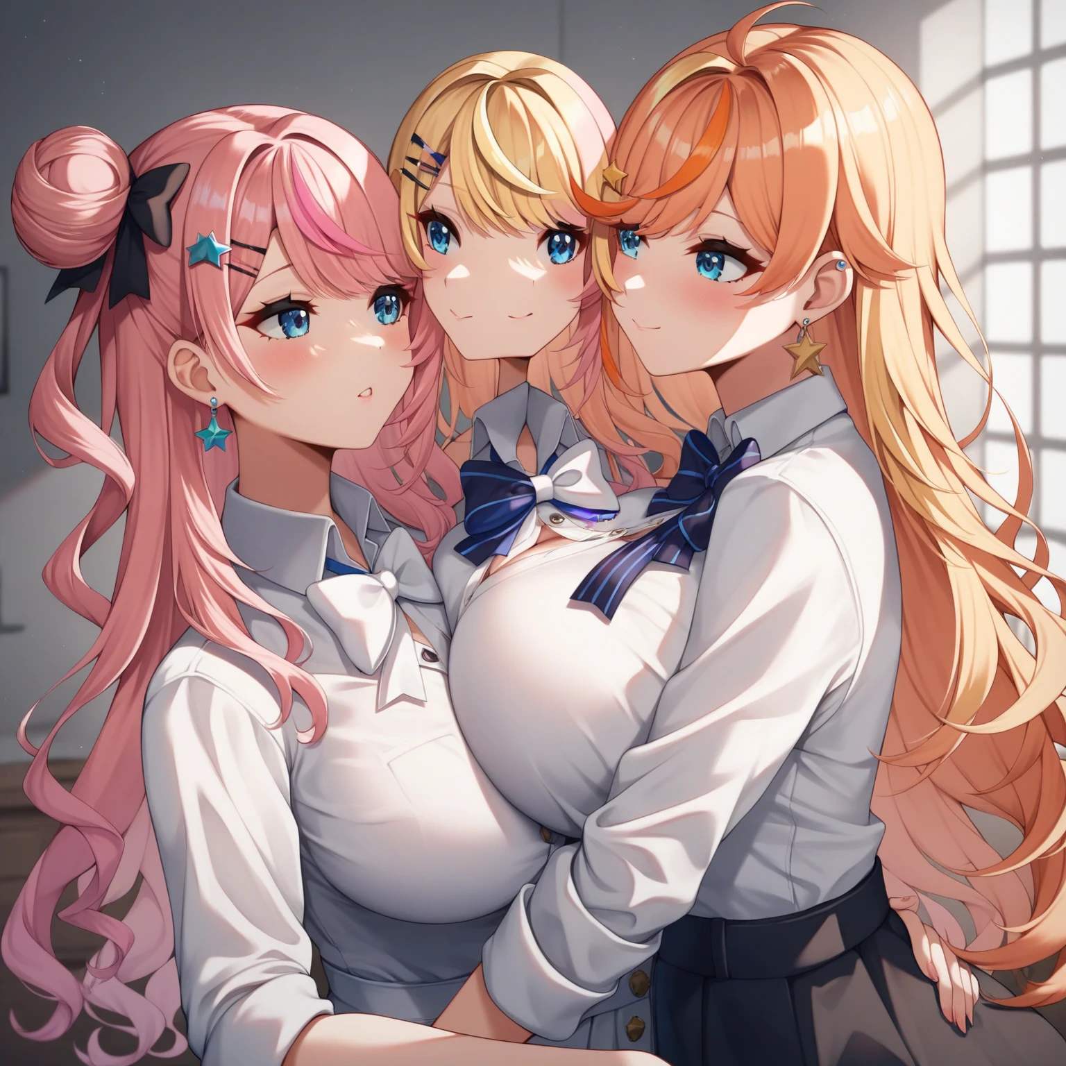 ((3girls:1.3)),((moe style:1.3)), ((harem:1.3)), ((hugging:1.3)), ((school uniform:1.3)), ((multicolored hair:1.3)), ((huge breasts:1.3)), ((blush:1.3)), ((heart pupils:1.3)), ((yuri:1.3)), cowboy shot, ((perfect face)), ((extremely cute:1.3)), ((masterpiece:1.3)), ((8k)), ((best quality:1.3)), ((beautiful)), ((extremely detailed:1.3)) , ((absurdres)), ((score_9:1.3)), ((score_8_up:1.3)), ((score_7_up:1.3)), AddXL,Expressiveh