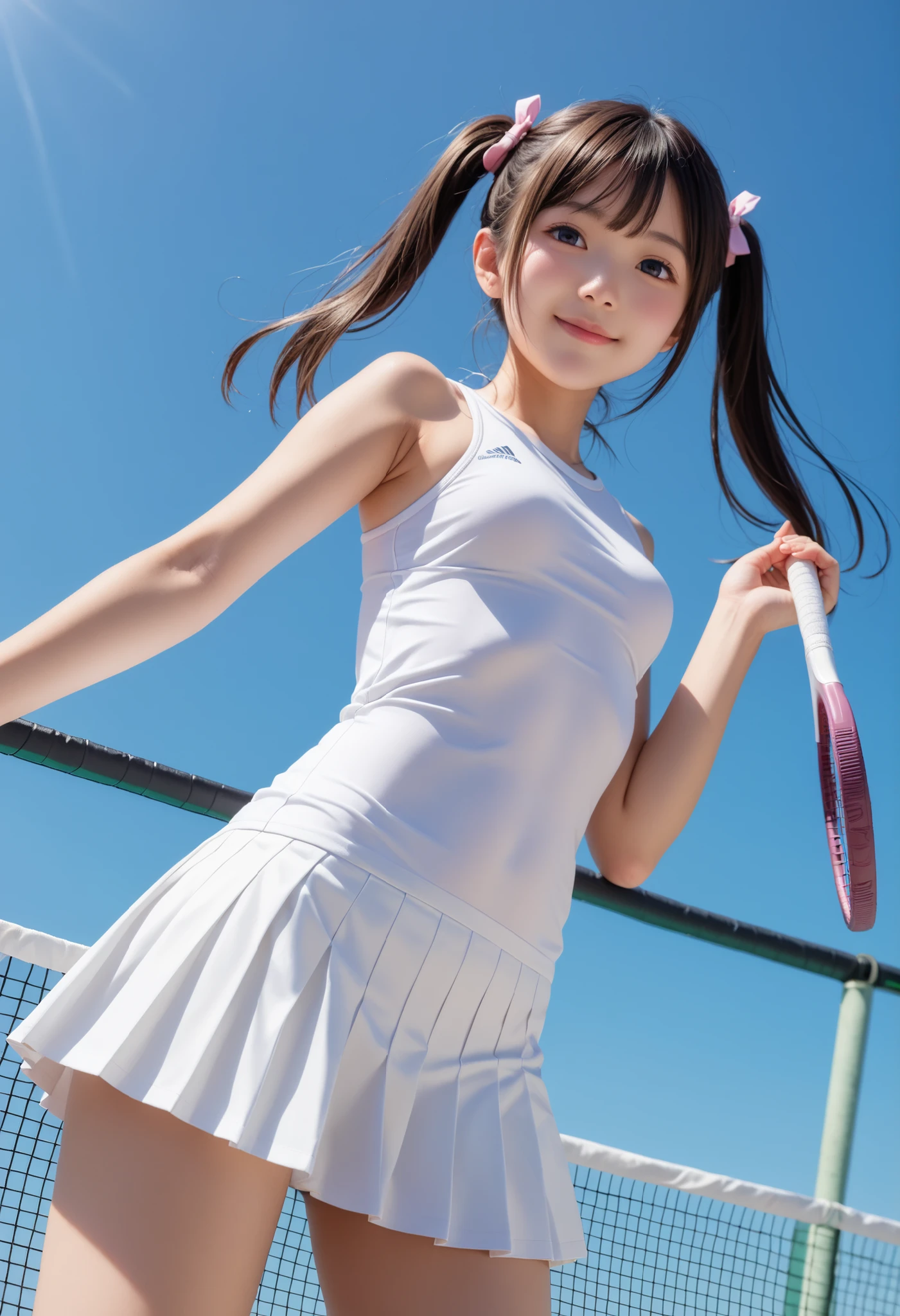 (pose of an amazingly cute Japanese girl hitting a serve in tennis wear at a school club activity) 、(Facing the opponent、The line of sight is on the opponent's coat)、 (back in Japanese tennis wear on the school tennis court), (Wear a pure white school swimsuit underneath and tennis wear on top)、 、 Gravure idol with realistic young face , young slim and amazingly cute gravure idol , (twin tails) 、 Beautiful skin、 oily skin 、 (( low angle shot of a back))、 sports boots、 realistic atmosphere, cute girl,Young Face,baby face, cute 、 Beautiful breasts with shapes that are too cute、 Too cute、 middle school student、(smile)、 ((A glimpse of a white swimsuit))、(( White Super Mini Skirt ))、