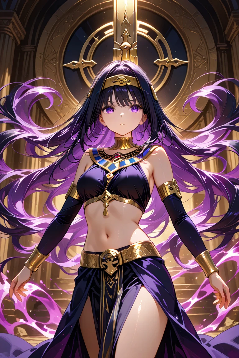 (best quality:1.3), (4K quality), (Detailed face:1.2), (Detailed eyes:1.2), ,Anime Style, solo, 1girl, 25 year old woman, sorceress, (dark skin:1.2), purple hair, wavy hair, long hair, purple eyes, mascaras, purple eyeshadow, smile, (tattoos:1.2), medium breasts, waist, slender legs, attractive body, slim figure, perfect shape, ((Wearing: purple strapless top, purple mini skirt, pelvic curtain, golden bracelets)), looking at viewer, holding a magical stuff, purple magic. She had a refreshing, charming personality and is ambiguous and mysterious. Fantasy based setting with purple background,