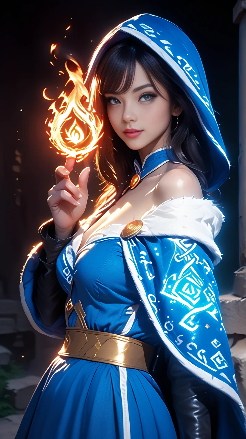 a medium color portrait illustration of an attractive female wizard with a ponytail wearing long loose flowing blue intricately embroidered (Unbuttonedwizard robes, exposing breasts and navel), smiling, masterpiece, best quality, highly detailed (dungeon background), mage_glam, necklace, pouches, belts, (large glowing runed circles), fire and ice, casting a spell, highly detailed face, ultra high resolution, in the style of adrian ghenie, esao andrwes, jenny saville, endward hopper, surrealism, dark art by james jean, takato yamamoto, inkpunk minimalism, Best quality details, realistic, High definition, High quality texture, epic lighting, Cinematic film still, 8k, soft lighting