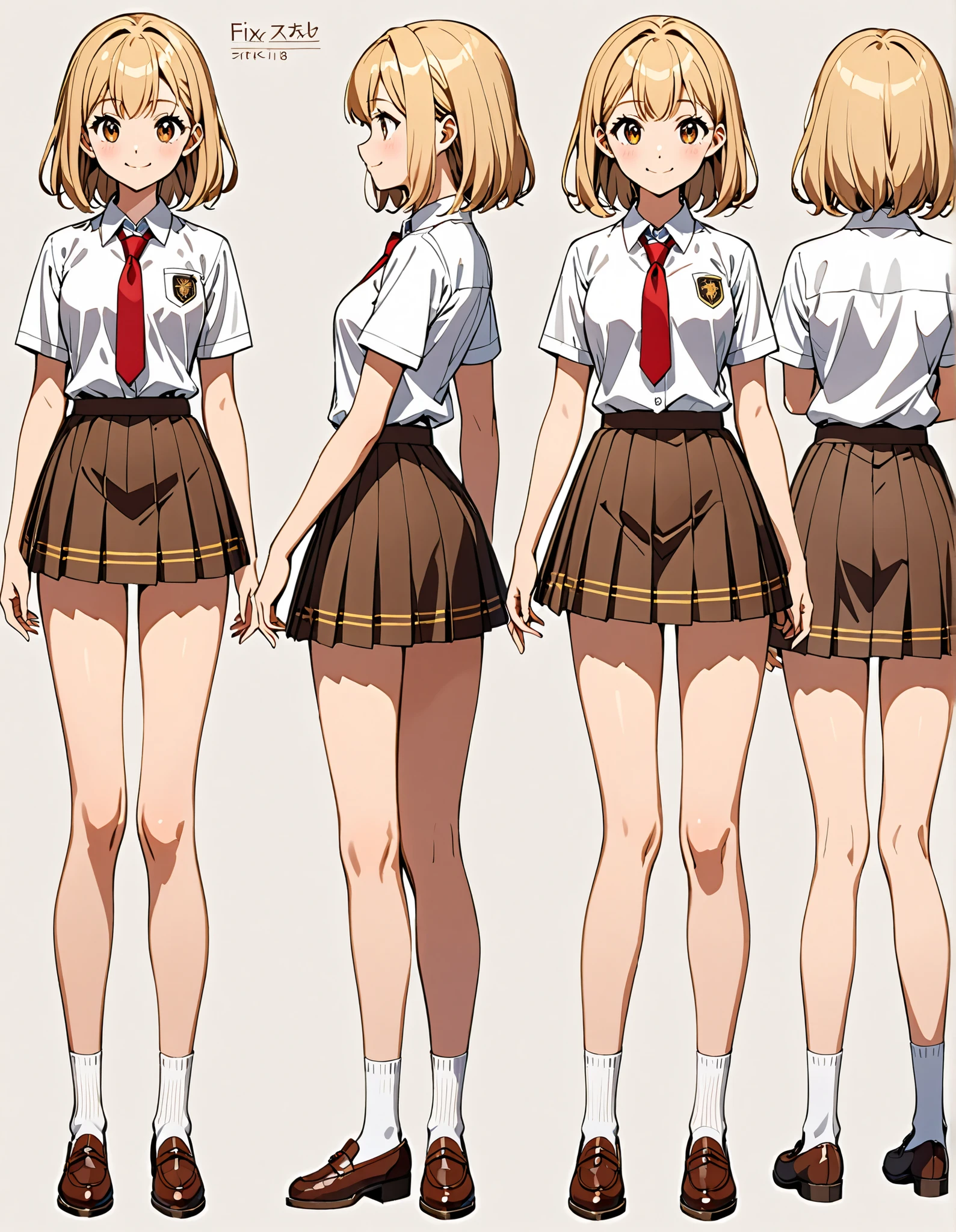 1girl, high school student, suit, white shirt, red ribbon bow necktie, pleaded skirt, miniskirt, bare legs, white socks, brown shoes, blonde hair, medium hair, bangs, hazel eyes, beautiful detailed eyes, beautiful detailed face, cute face, slightly large breasts, smile, age 16-18, solo, solo focus, full body with costume, full body portrait, (fix hands:1.2), Simple background, Multiple Views, front view, side view, back view. Character Sheet Full-Length. model sheet.