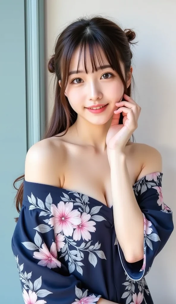 1girl, extremely cute face, Amazing face and eyes, (highly detailed eyes, highly detailed face), Fresh, very clean appearance, (hyper-realistic, hight resolution), (best Quality:1.4), Raw photo, (Realistic, Photorealsitic:1.37), Professional Photography, Cinematic Light, (floral pattern yukata:1.25), (amazing big breasts:1.1), (open yukata), (bare shoulders), Smile slightly, (Lying face up in the futon:1.5), (staring at me), Bedroom, futon, pillow, floral patterned screens, relaxing, lantern light, candle light,