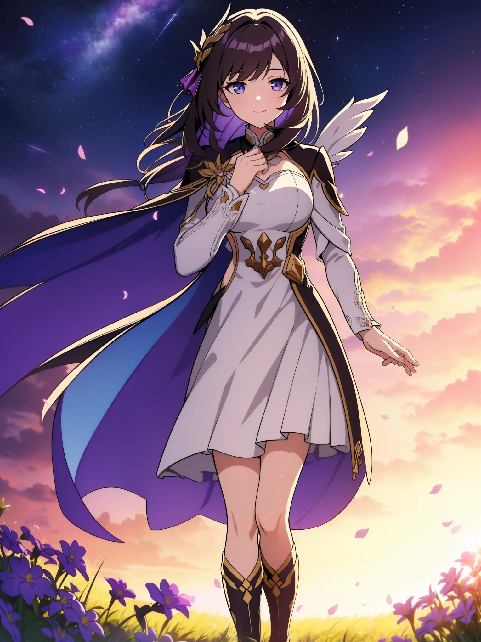 (high-quality, breathtaking),(expressive eyes, perfect face) portrait, 1girl, female, solo, young , black hair, pink eye color, medium hair length, soft wavy hair, gentle smile, loose hair, side bangs, looking at viewer, portrait, medium full shot, happy expression, ribbon in hair, flower in hair, fantasy clothing, elegant, mature, height 4"3, adventurer attire, warlock attire, warlock profession, short height, Dungeons & Dragons character, jacket, dress, cape, winged cape, Firefly Honkai Star Rail Character, starry sky, dawn in the distance, shooting stars, backgroound, flower field, scenary, cloudy sky, grass, trees, flower petals, leafs, blue flower, purple flower, white flower, field, standing in field of flowers