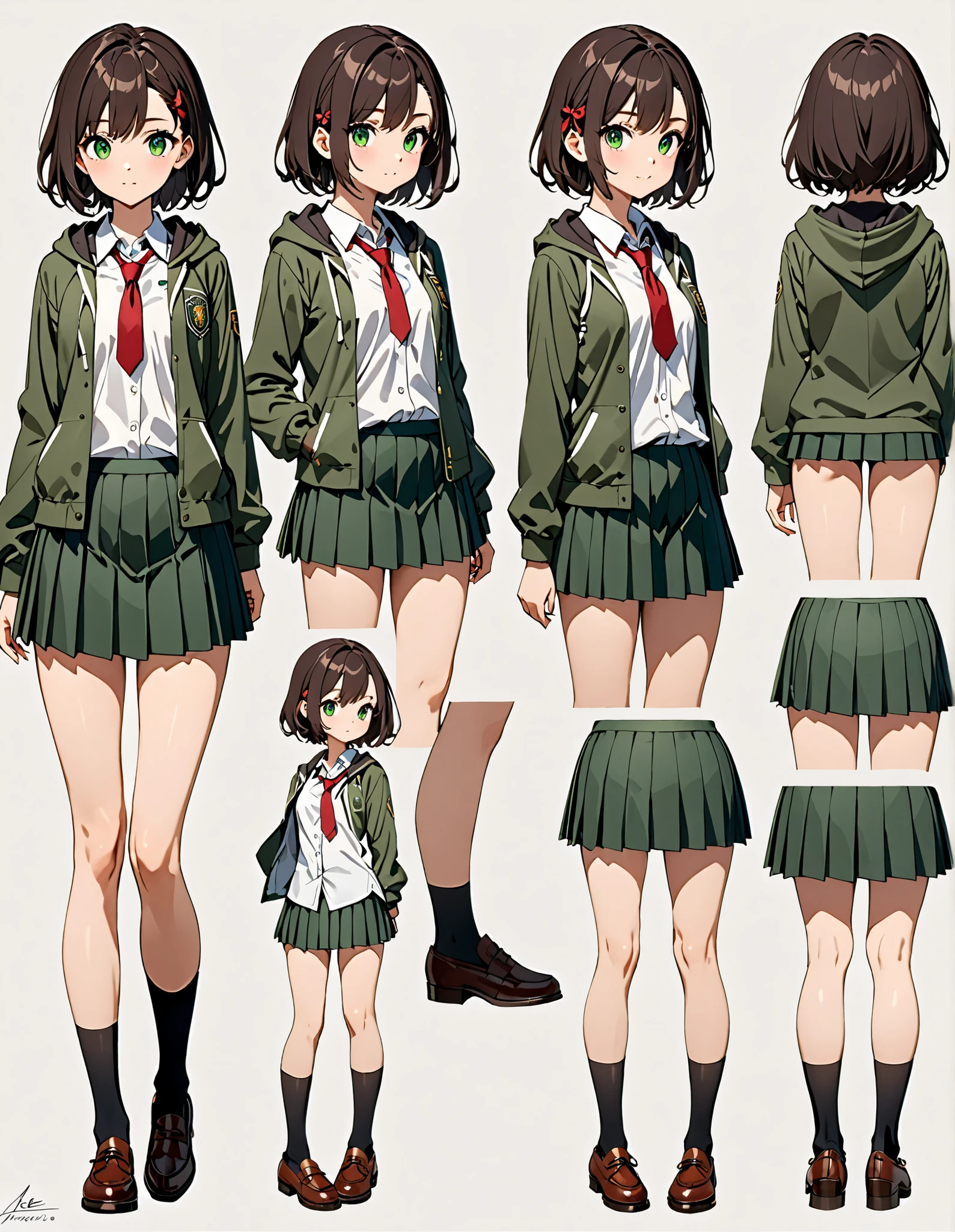 masterpiece, best quality, high res, highly detailed, 8k, 1girl, high school student, perfect anatomy, dark brown hoodie jacket, white shirt, red ribbon bow necktie, pleated skirt, miniskirt, bare legs, black socks, brown shoes, jet black hair, short hair, green eyes, beautiful detailed eyes, beautiful detailed face, cute face, medium breasts, age -18, solo, solo focus, Simple background, Multiple Views, front view, side view, back view. Character Sheet Full-Length. model sheet.