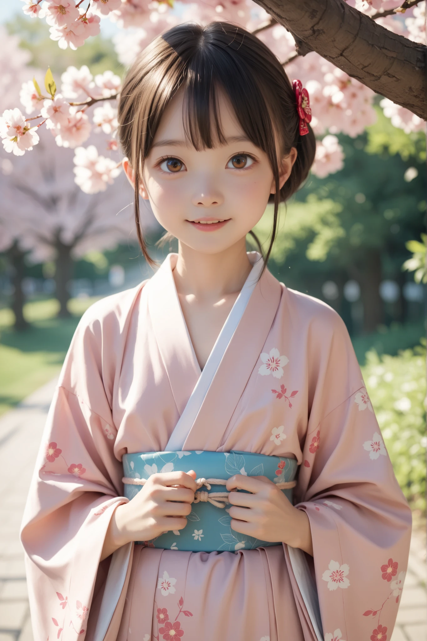 under a cherry tree in full bloom,cute young girl,hyper young girl,little girl,Lanky,masterpiece,short,skinny,thin body,younger,small breasts,Japanese,kimono,(smile:0.4),narrow shoulders,brown eyes,delicate,