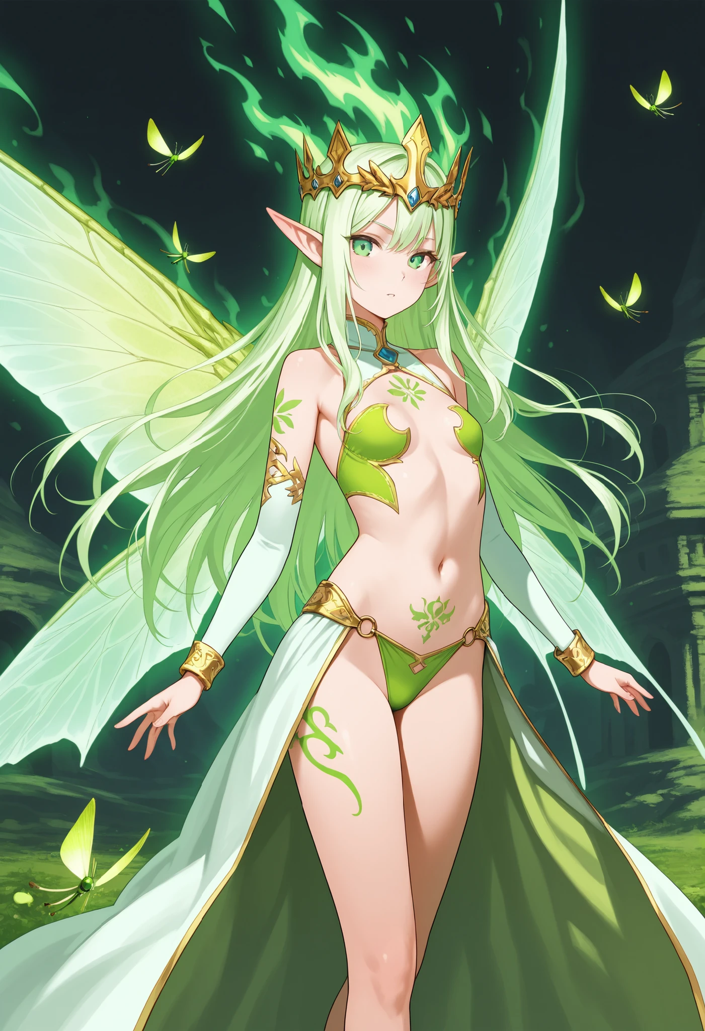 high-level elf, petite, masterpeices, dragonflies wings, holy crest tattoo, elf crown, solo, lime green and white color, queen aura, perfect body shape, fantasy arts