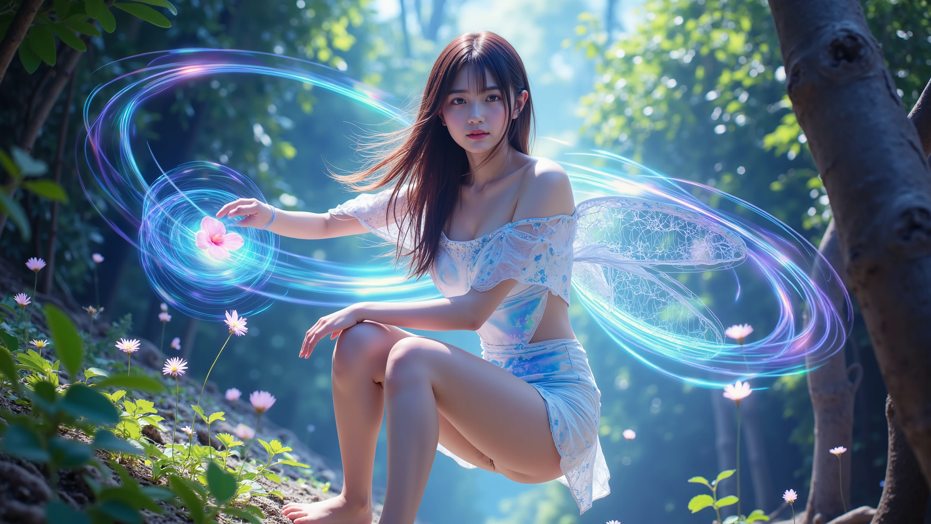 Half luminescence、Transparent、Shining Reflected Light、 future、She's gathering medicinal herbs。Transparent妖精が発光しながら遊んでいる。(Girl walking in a forest, a faint rainbow-colored aura drifts translucently around her, sunlight filtering through the trees, airy atmosphere, illustration style),(ultimate shiny skin, detailed skin, ultimate detailed face),dynamic pose。beautiful thighs and bare feet。Full of vitality。Highlights the Light Effects of Her Outfit。Detailed background depiction。Best Quality、high resolution。
The composition is a close view from below。close-up of the girl's expression。that gives off a strong presence。Background、are not too realistic、depict dramatic contrasts、Like、emphasizes contrast。Light is 、natural light,、Sharply illuminates the contours of the characters and the texture of the dress、Dramatic Lighting。The shadows are deep、, but。 Style Designation: animated illustration、 character design and color sense with strong awareness of the VOFAN style。sharp and sophisticated line art(Line Art)。flat colored surfaces and、strong combination of shadows。As for the feeling of air、characters drawn as intense color bursts like Impressionist paintings、and an atmosphere that makes you feel the story。