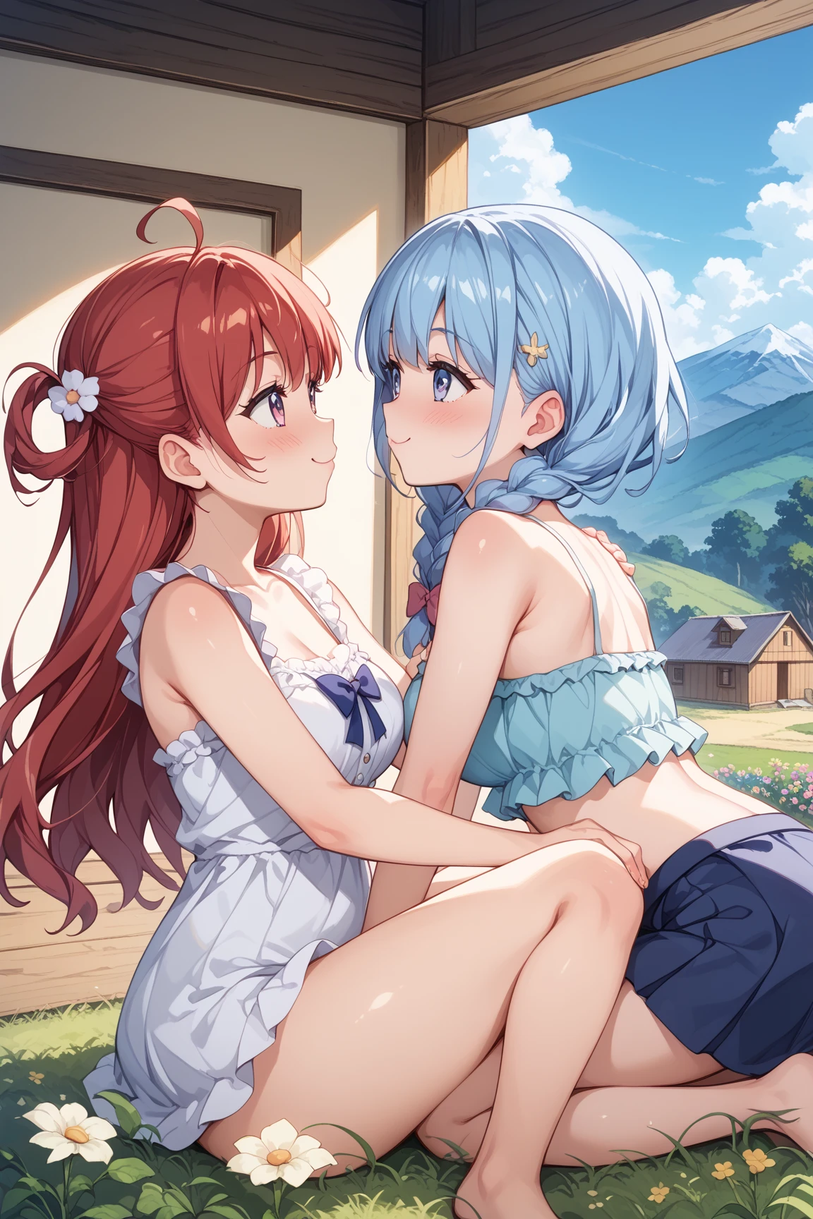 black rose fairy kisses the flower. That fairy is smaller than a flower. The neat costume gives off a mysterious luster. flower field, Natural light,(Best Quality), (masutepiece:1.3), Ultra-detailed, Best Quality, masutepiece, (Game CG:1.4), NSFW, Detailed beautiful face and eyes,Burst breasts、Lingerie with a small area, large full breasts、 (See-through panties:1.2),、、, the anime girl is crouching, beautiful anime girl squatting, Bending over, highly detailed giantess shot, , bottom shot, turned around、,,,masterpiece, super fine illustration, best quality, light particles, ultra-detailed, 8K wallpaper, (bright colors:1.2), (adult woman), voluptuous body, huge breast, carrot orange hair, long hair, twintail, two side up hair, shiny skin, (naked, yellow legwear), red ribbon, beautiful red eyes, slant eyes, shiny eyes, orgasm face, O-face, blush cheeks, arched back, (a man), (man behind woman), (man hold girl's waist:1.4), (vaginal penis), hetero, (top down bottom up, lying on back), (woman spread legs), (intense Sex:1.7), (cum out:1.2), nsfw, bedroom, light up, shadow,