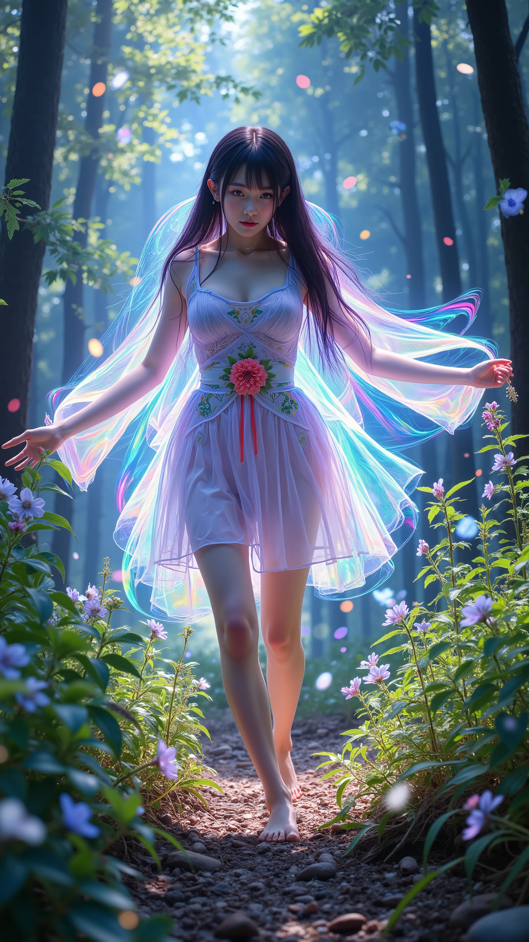 Half luminescence、Transparent、Shining Reflected Light、 future、She's gathering medicinal herbs。Transparent妖精が発光しながら遊んでいる。(Girl walking in a forest, a faint rainbow-colored aura drifts translucently around her, sunlight filtering through the trees, airy atmosphere, illustration style),(ultimate shiny skin, detailed skin, ultimate detailed face),dynamic pose。beautiful thighs and bare feet。Full of vitality。Highlights the Light Effects of Her Outfit。Detailed background depiction。Best Quality、high resolution。

The composition is a close view from below。close-up of the girl's expression。that gives off a strong presence。Background、are not too realistic、depict dramatic contrasts、Like、emphasizes contrast。Light is 、natural light,、Sharply illuminates the contours of the characters and the texture of the dress、Dramatic Lighting。The shadows are deep、, but。 Style Designation: animated illustration、 character design and color sense with a strong sense of awareness of the VOFAN style。sharp and sophisticated line art（Line Art）。flat colored surfaces and、strong combination of shadows。As for the feeling of air、characters drawn as intense color bursts like Impressionist paintings、and an atmosphere that makes you feel the story。