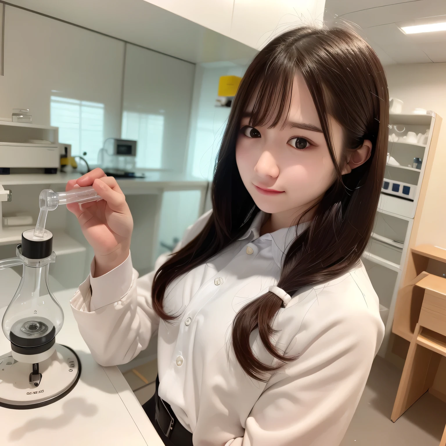 Depict a 20-year-old, stunningly beautiful woman conducting an experiment in a well-equipped science lab. She wears a pristine white lab coat over professional attire, her expression focused as she carefully handles scientific instruments. Whether her hair is long and neatly tied back or short and styled, she maintains a meticulous appearance suited for the lab environment. The background features shelves filled with scientific equipment, adding to the immersive atmosphere of the setting. Long hair, dark hair, dark eyes.