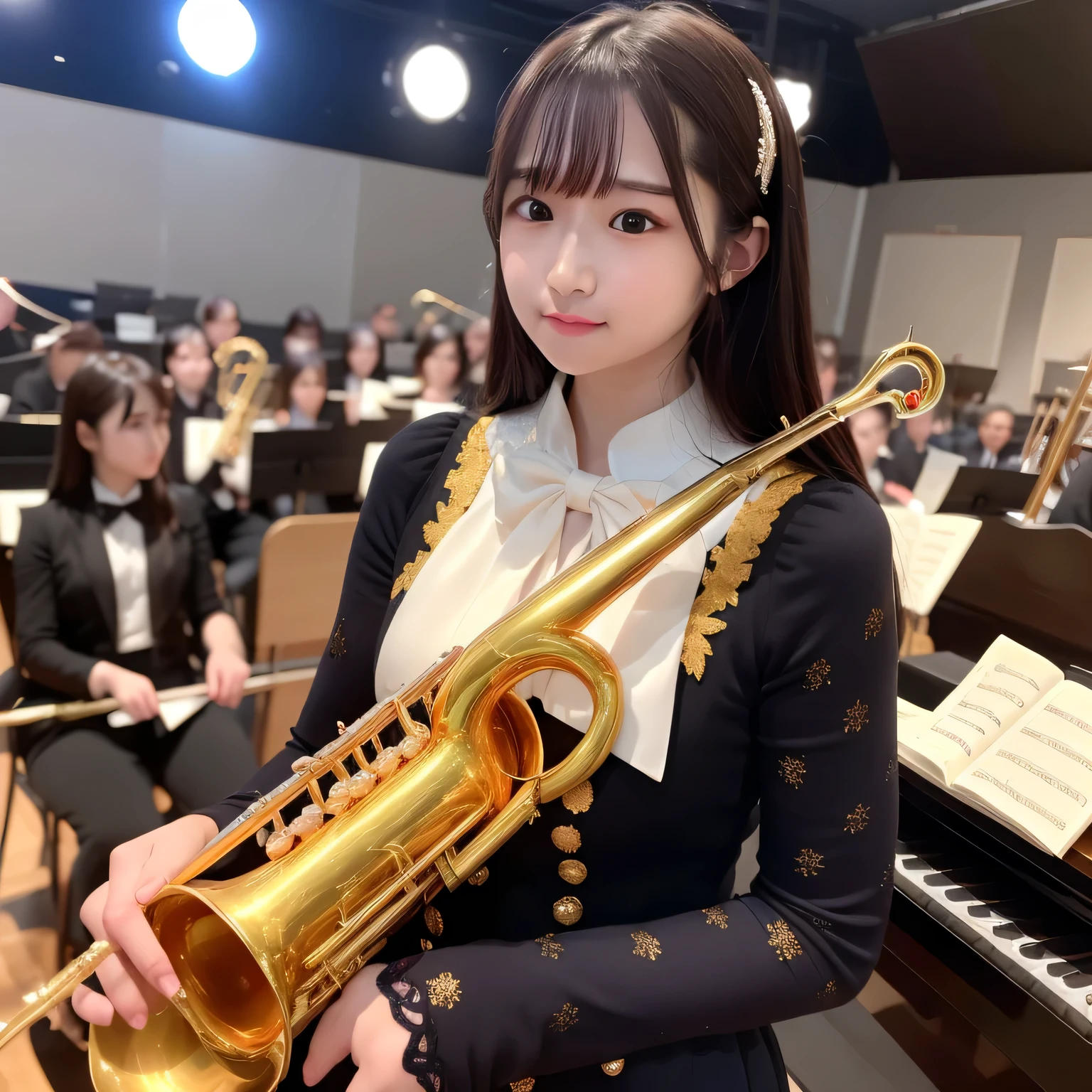 Depict a 20-year-old, dazzlingly beautiful woman playing a brass instrument in a grand concert hall. She wears an elegant yet practical band uniform, designed with intricate gold embroidery. Her posture is poised, fingers positioned with precision, her eyes focused as she plays passionately. The warm stage lighting highlights the shine of her instrument, creating a visually striking contrast between her and the surrounding orchestra. Long hair, dark hair, dark eyes.