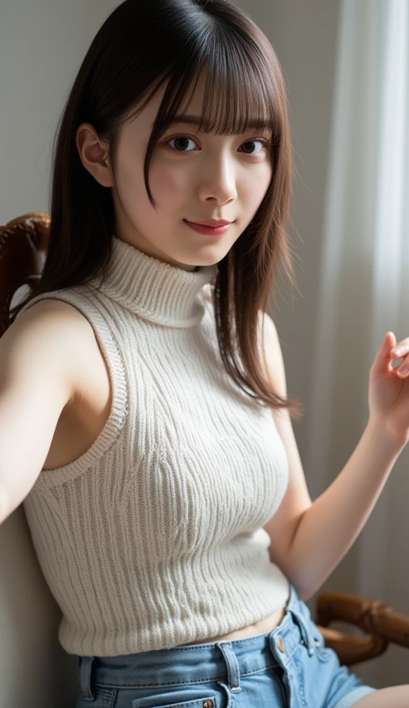 ( masterpiece, precise, Anatomically_correct, Texture_skin, excellent_detail, the best_quality, 1080P, HD, 4K, 8K, 16K), (beautiful_detailed_Eyes, beautiful_detailed_Lips, extremely_detailed_Eyes_and_Face), Soft_light, Physically based_Rendering, vivid_color, (Large target_breast:1.5), (short hair_thin braids_Bun hairstyle), (shining_hair, shining_skin, Face红), (Bangs:1.5), Eye_reflection, (Bokeh), 微lol_and_lol, (sleeveless_long sweater_knitting:1.5) ,stockings,(sit on the chair,Spread your legs:1.3),See panties,Please show me your pants