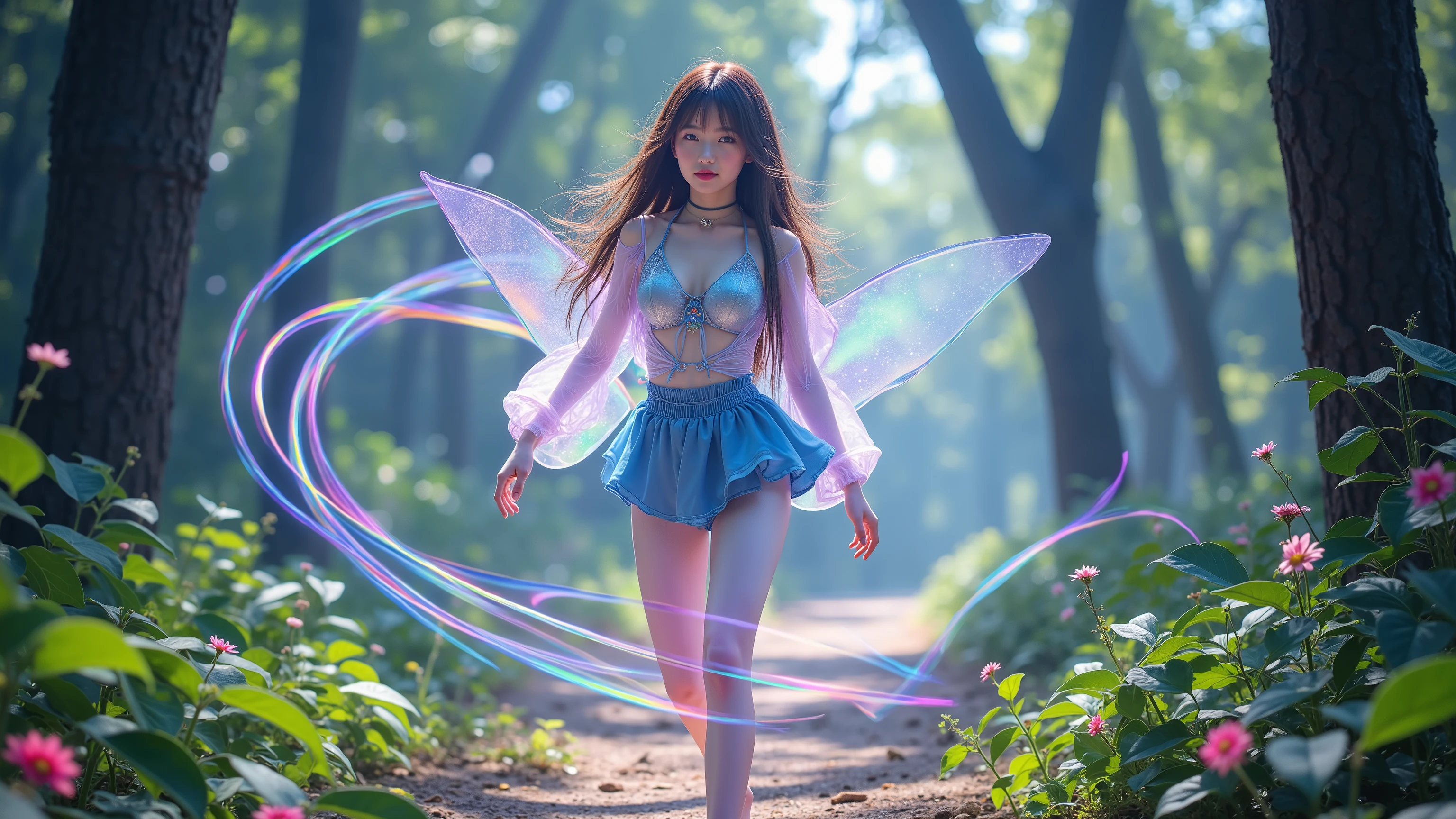 Half luminescence、Transparent、Shining Reflected Light、 future、She's gathering medicinal herbs。Transparent妖精が発光しながら遊んでいる。(Girl walking in a forest, a faint rainbow-colored aura drifts translucently around her, sunlight filtering through the trees, airy atmosphere, illustration style),(ultimate shiny skin, detailed skin, ultimate detailed face),dynamic pose。beautiful thighs and bare feet。Full of vitality。Highlights the Light Effects of Her Outfit。Detailed background depiction。Best Quality、high resolution。
The composition is a close view from below。close-up of the girl's expression。that gives off a strong presence。Background、are not too realistic、depict dramatic contrasts、Like、emphasizes contrast。Light is 、natural light,、Sharply illuminates the contours of the characters and the texture of the dress、Dramatic Lighting。The shadows are deep、, but。 Style Designation: animated illustration、 character design and color sense with strong awareness of the VOFAN style。sharp and sophisticated line art(Line Art)。flat colored surfaces and、strong combination of shadows。As for the feeling of air、characters drawn as intense color bursts like Impressionist paintings、and an atmosphere that makes you feel the story。