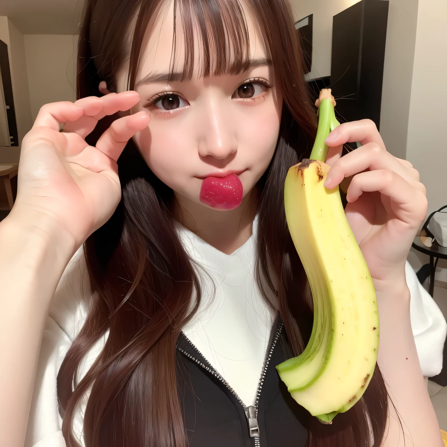 She is holding a banana with its peel partially removed, revealing the white fruit inside. She is eating the exposed white part. Long hair, dark hair, dark eyes.