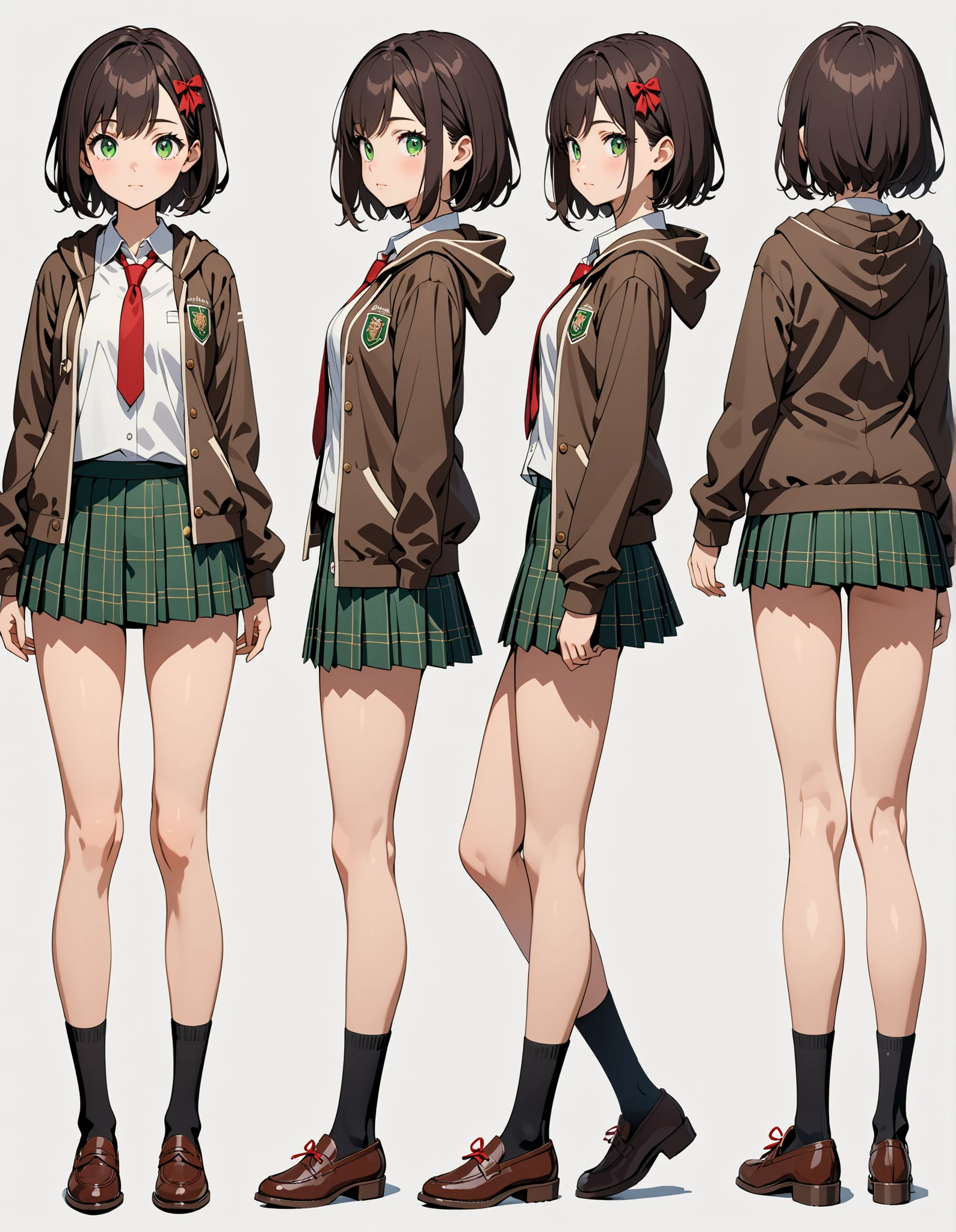 masterpiece, best quality, high res, highly detailed, 8k, 1girl, high school student, perfect anatomy, dark brown hoodie jacket, white shirt, red ribbon bow necktie, pleated skirt, miniskirt, bare legs, black socks, brown shoes, jet black hair, short hair, green eyes, beautiful detailed eyes, beautiful detailed face, cute face, medium breasts, age -18, solo, solo focus, Simple background, Multiple Views of the same character, front view, side view, back view. Character Sheet Full-Length. model sheet.