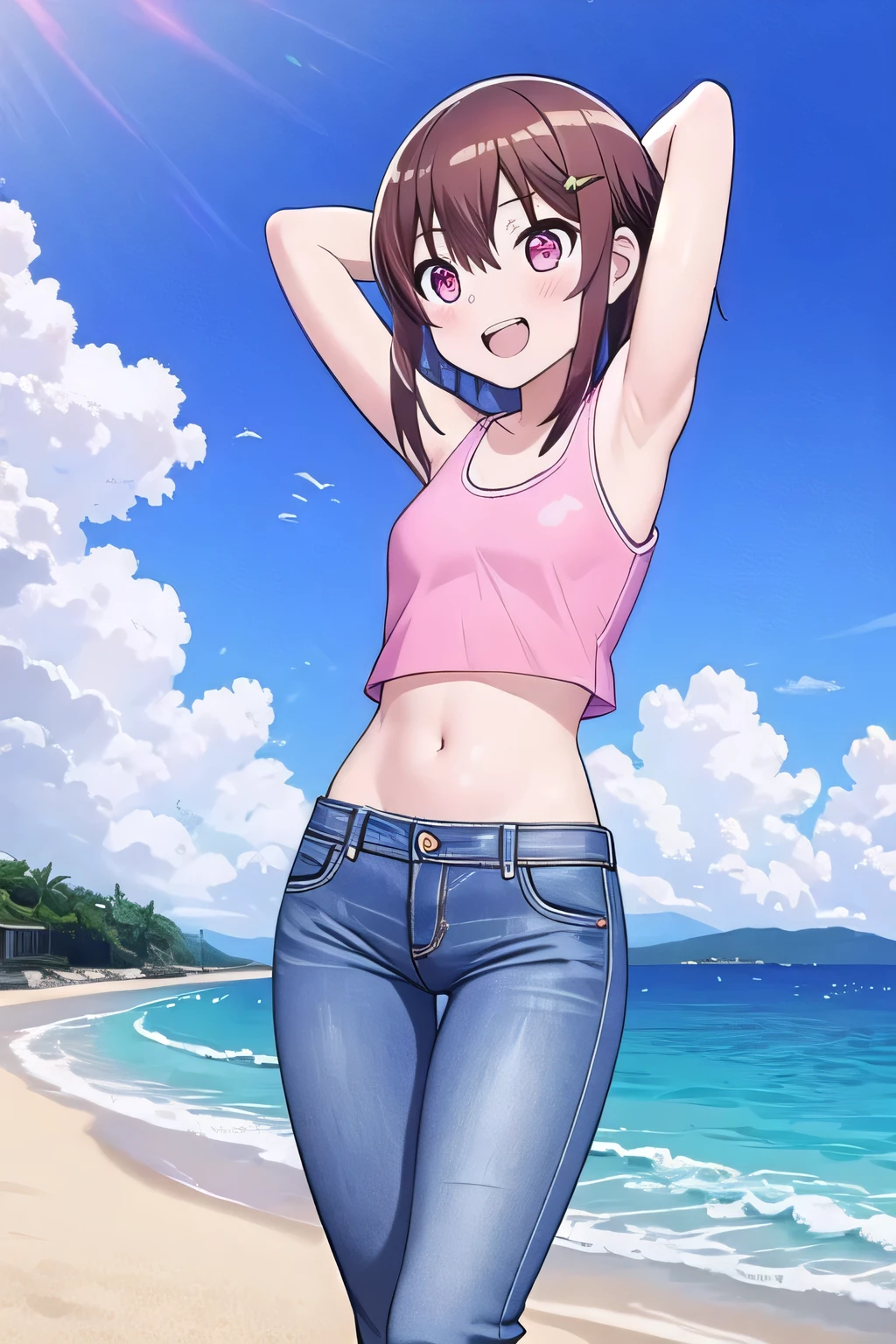 masterpiece, best quality, ultra detail, ((Perfect Face, perfect eyes, perfect hair, perfect arm)), 1girl, o, petite, ((round face, ecstasy, orgasm face, drooping eyes, shame smiling, blush)), dropping eyes, sleepy, Open mouth, ((White teeth)), background((under the beach, (day:1.2), ocean, bright sky)), megumin, (red eyes:1.2), (brown hair:1.2), crossed bangs, hair between eyes, hair ornament, x hair ornament, (short hair:1.4), (straight hair:1.7), short hair with long locks, ((arms behind head, hands behind head, fingers behind head)), ((contrapposto)), spread armpits, looking at viewer, (pink tank top:1.4), (pink crop top:1.4), (jeans pants:1.2, flares jeans:1.2, skinny jeans:1.2, blue jeans:1.2), standing, (legs spread:1.4), sex pose, Sweaty crotch, Steam from the crotch, from below, whole body