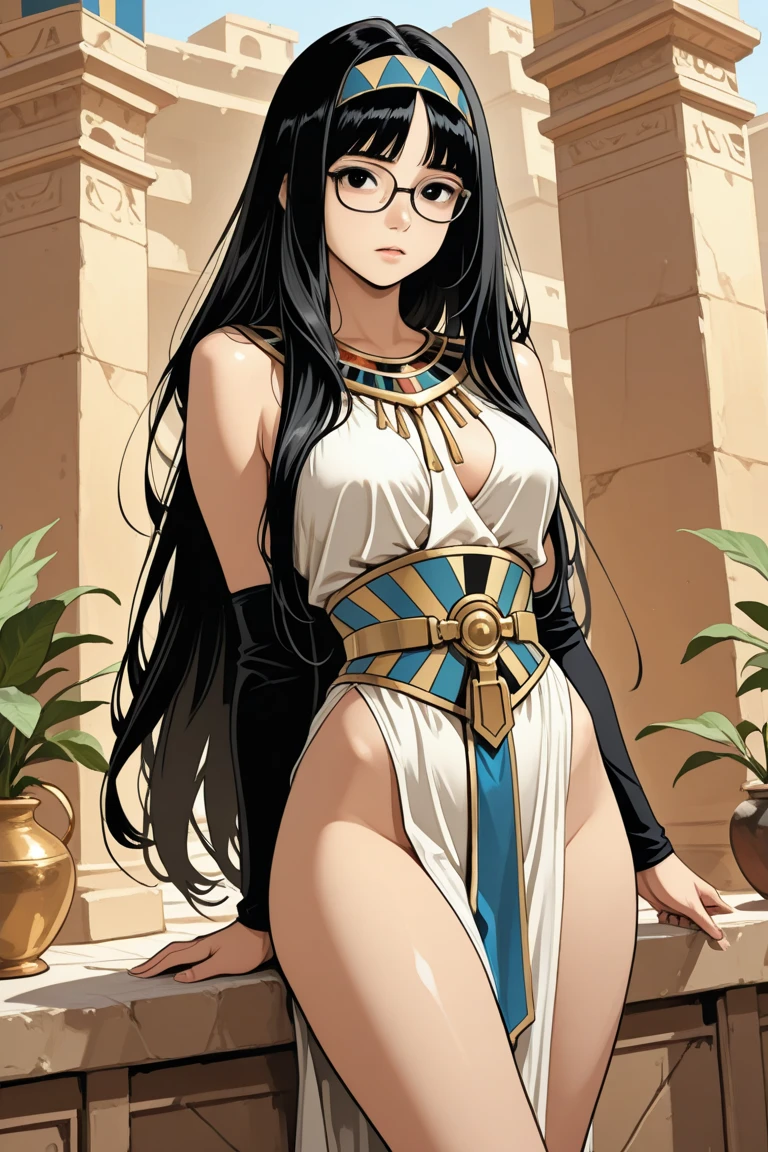 <lora:MayanClothes:0.8> mayan clothes, cowboy shot,, absurdres, ultra detailed, masterpiece, best quality, aesthetic, detailed,, solo, smug smile, 1girl, purple eyes, red-framed eyewear, (black hair, red colored tips:1.2), red streaked hair, very long hair, side ponytail, tied hair, medium breasts,