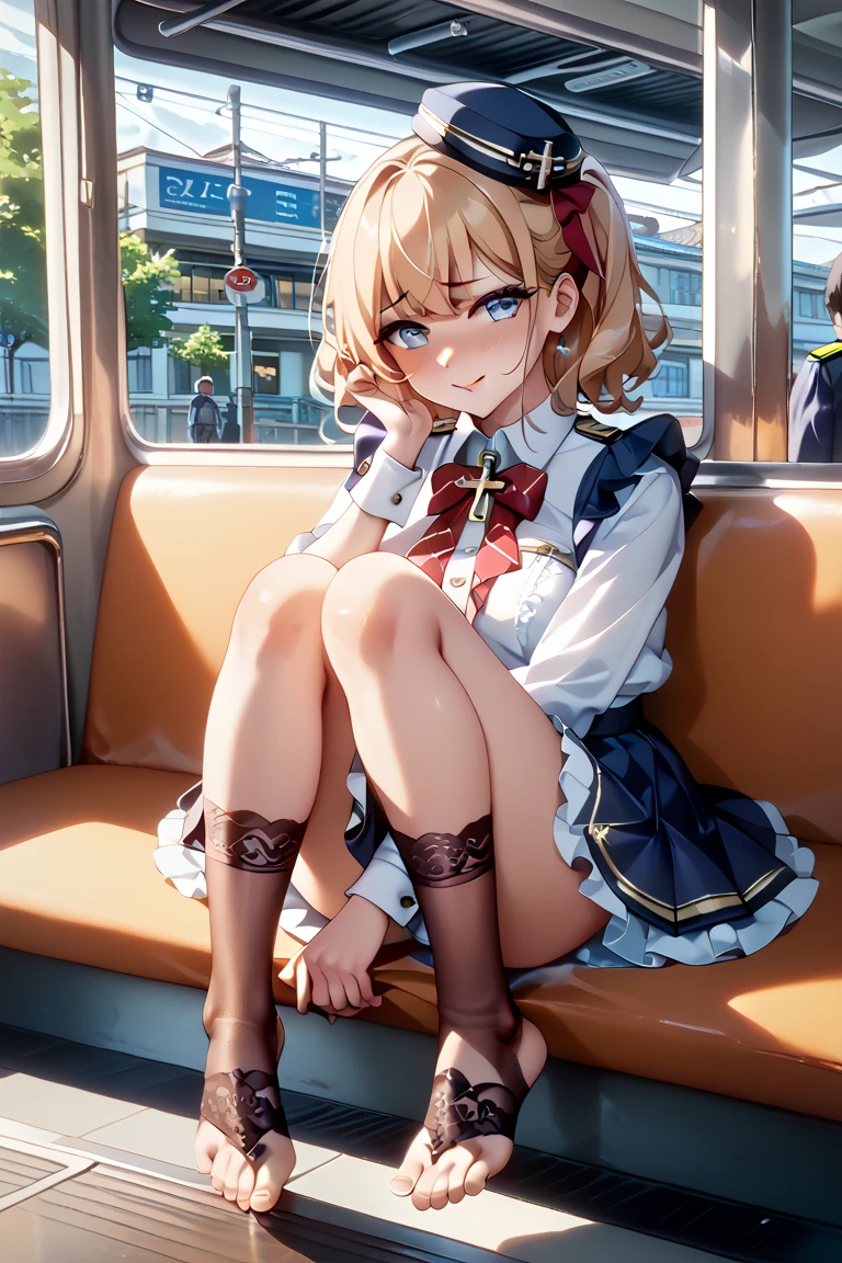 masterpiece, absurdres, best quality, ultra detailed, high Resolution, detailed illustration, bright colour, (extremely beautiful detailed face and eyes, Delicate beautiful face, 1 girl, 18yo, cute face:1.3), (magenta eyes:1.1), sparkling eyes, big eyes, (medium breasts:1.3), (perky breasts:1.1), (pointy breasts:1.1), medium hips, glamorous body, white skin, BREAK, (blonde hair:0.8), messy hair, detailed hair, shiny hair, BREAK (school uniform, down blouse:1.3), perfect lighting, (ecstasy, vulgarity:1.5), (Grin), (Love juice:1.3), (Super Thick bullet vibrator in Pussy:1.3), train, (spread legs:1.1), From front,