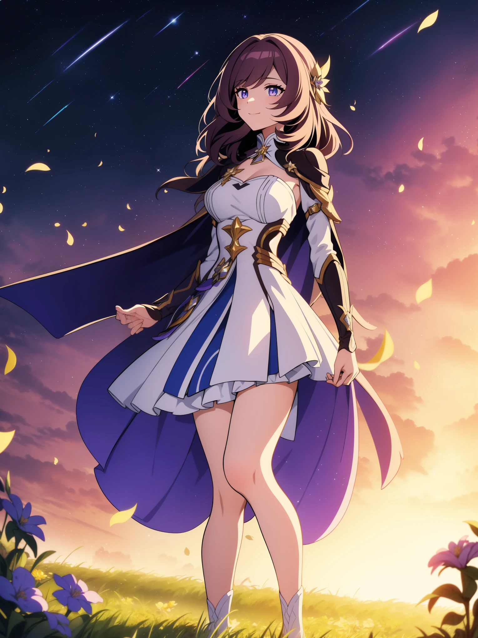 (high-quality, breathtaking),(expressive eyes, perfect face) portrait, 1girl, female, solo, young , black hair, pink eye color, medium hair length, soft wavy hair, gentle smile, loose hair, side bangs, looking at viewer, portrait, medium full shot, happy expression, ribbon in hair, flower in hair, fantasy clothing, elegant, mature, height 4"3, adventurer attire, warlock attire, warlock profession, short height, Dungeons & Dragons character, jacket, dress, cape, winged cape, Firefly Honkai Star Rail Character, starry sky, dawn in the distance, shooting stars, backgroound, flower field, scenary, cloudy sky, grass, trees, flower petals, leafs, blue flower, purple flower, white flower, field, standing in field of flowers