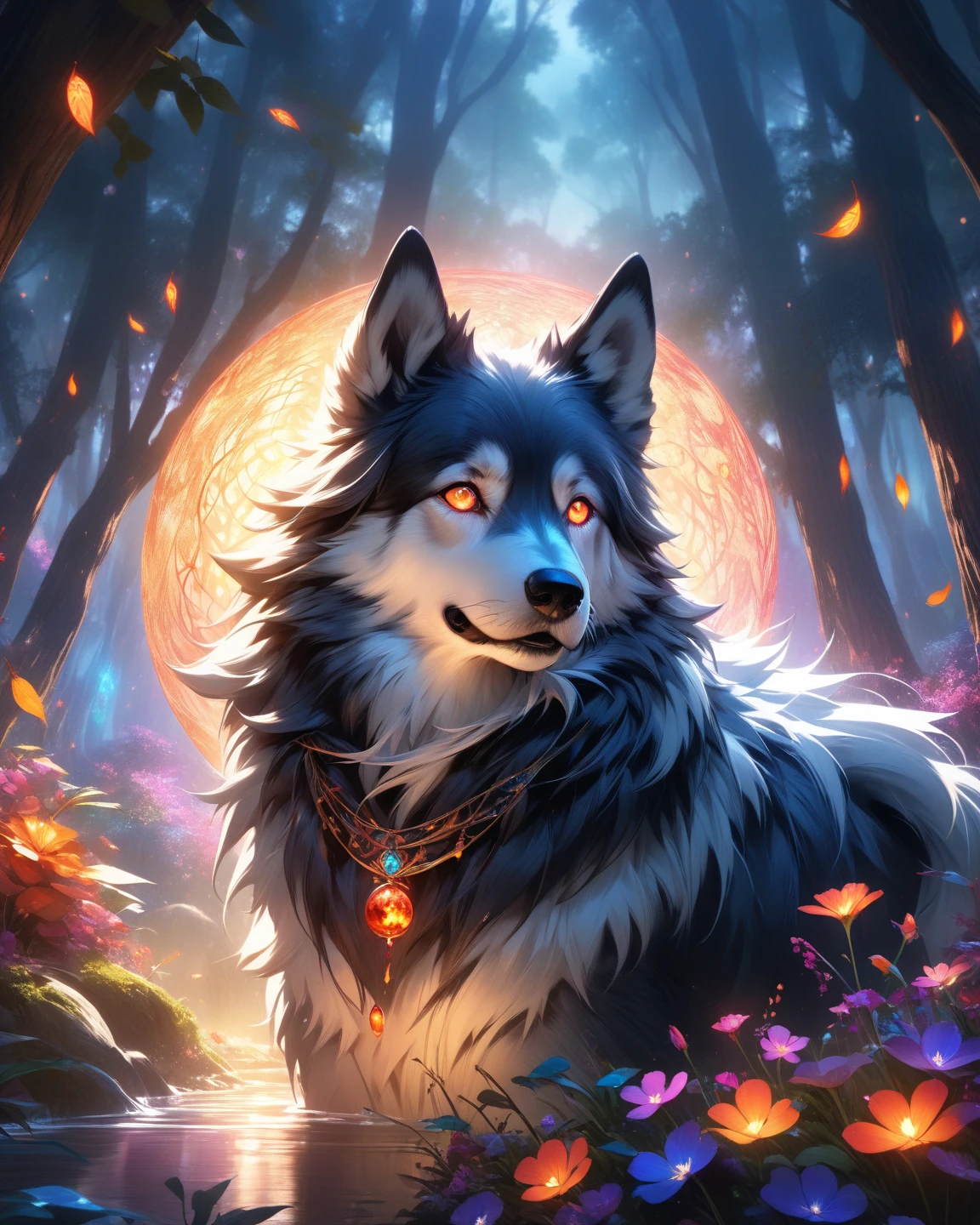 Mysterious Wolf Dog with Intricate Patterns、 Glowing Amber Eyes 、Wrapped in a dreamy aura、Fur with a flowing, glowing pattern、Colourful flowers and leaves against an enchanting and mysterious forest backdrop、A peaceful atmosphere、A magical, otherworldly atmosphere、Dark night sky and soft mute light、beautiful digital fantasy art、A fantasy work with bewitching and strength、 artistic composition、A fantastic and captivating depiction、Best Quality、high image quality、masterpiece