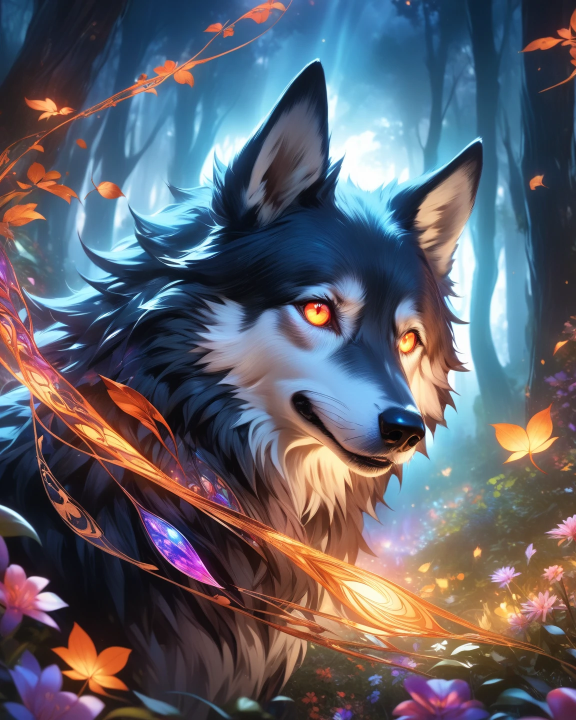 Mysterious Wolf Dog with Intricate Patterns、 Glowing Amber Eyes 、Wrapped in a dreamy aura、Fur with a flowing, glowing pattern、Colourful flowers and leaves against an enchanting and mysterious forest backdrop、A peaceful atmosphere、A magical, otherworldly atmosphere、Dark night sky and soft mute light、beautiful digital fantasy art、A fantasy work with bewitching and strength、 artistic composition、A fantastic and captivating depiction、Best Quality、high image quality、masterpiece
