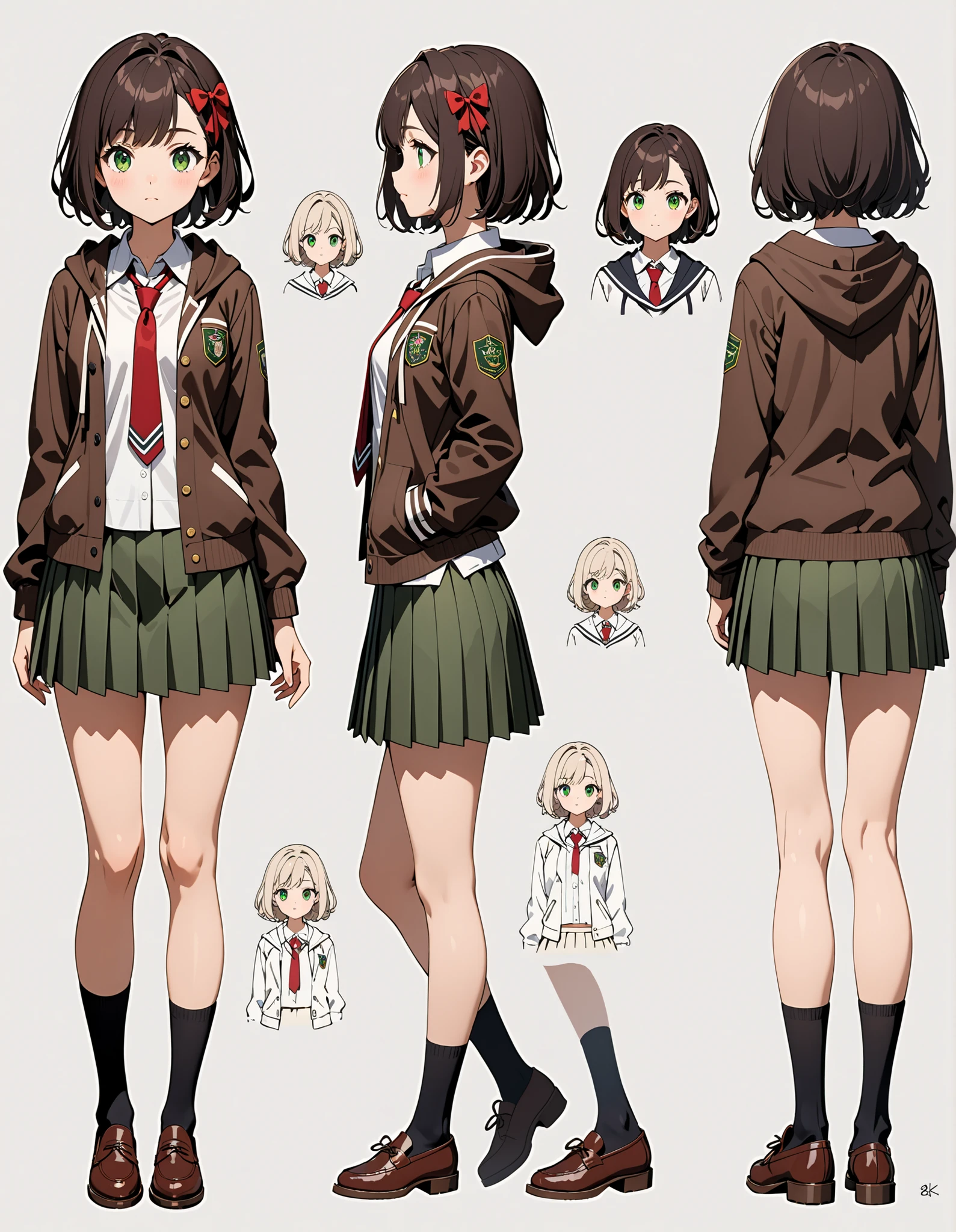 masterpiece, best quality, high res, highly detailed, 8k, 1girl, high school student, perfect anatomy, dark brown hoodie jacket, white shirt, red ribbon bow necktie, pleated skirt, miniskirt, bare legs, black socks, brown shoes, jet black hair, short hair, green eyes, beautiful detailed eyes, beautiful detailed face, cute face, medium breasts, age -18, solo, solo focus, Simple background, Multiple Views of the same character, front view, side view, back view. Character Sheet Full-Length. model sheet.