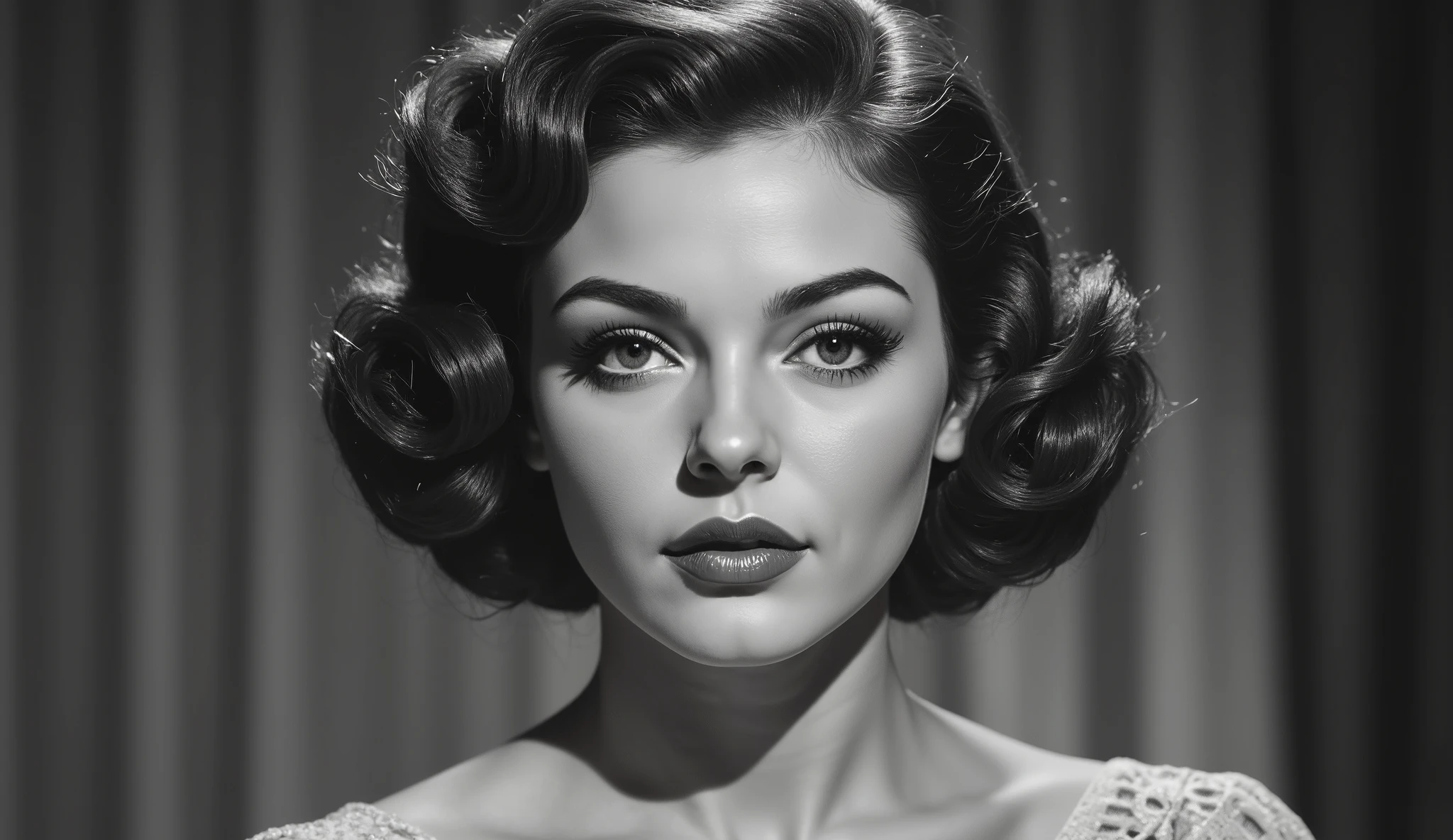 Black and white portrait of a swing dancer woman from the 1930s, short wavy hairstyle, bold eyeliner, confident expression, sweat on her forehead after dancing, soft grain, cinematic studio lighting, vintage fashion details

