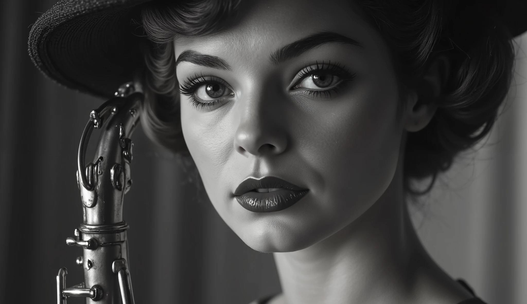 Close-up black and white portrait of a woman holding a saxophone, 1940s fashion, side lighting emphasizing her facial features, soft expression, feathered hat, elegant and moody swing-era atmosphere