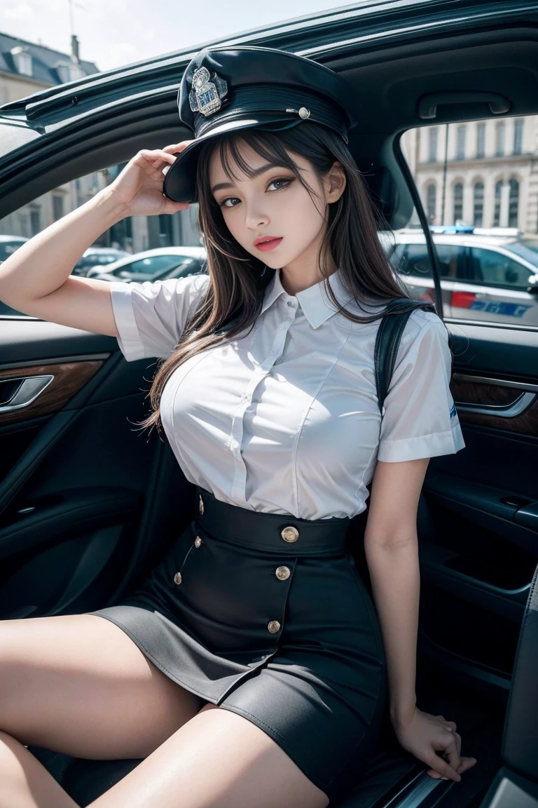 ((Highest quality, 8ก, Masterpiece: 1.3)), Seductive woman, 1 girl, (Slender figure: 1.2), dark brown hair, (outdoor, shirt, short skirt: 1.1), Extraordinarily detailed face, detailed lips, Detailed eyes, Double eyelids, (big breasts: 1.2), Student Belt, high-heels, Sit in the car, drive