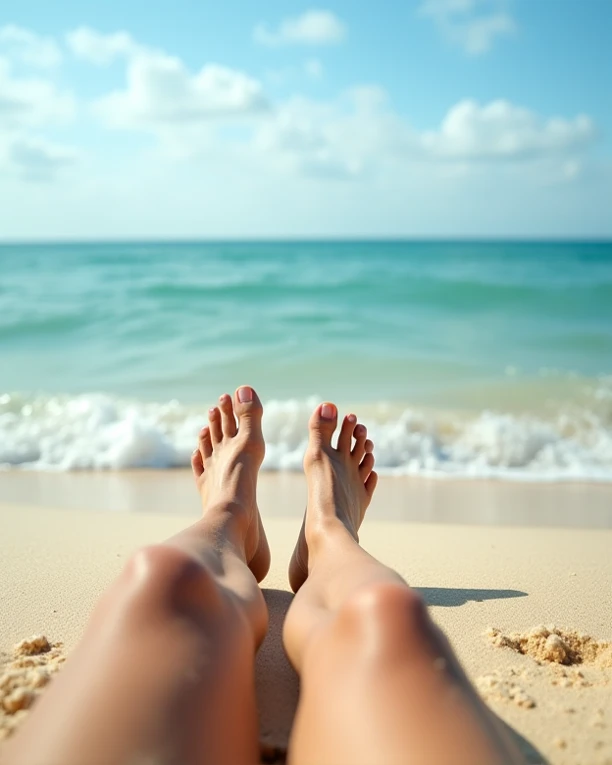 Pluto atmosphere beach cyan young women lazing barefoot legs up bare feet