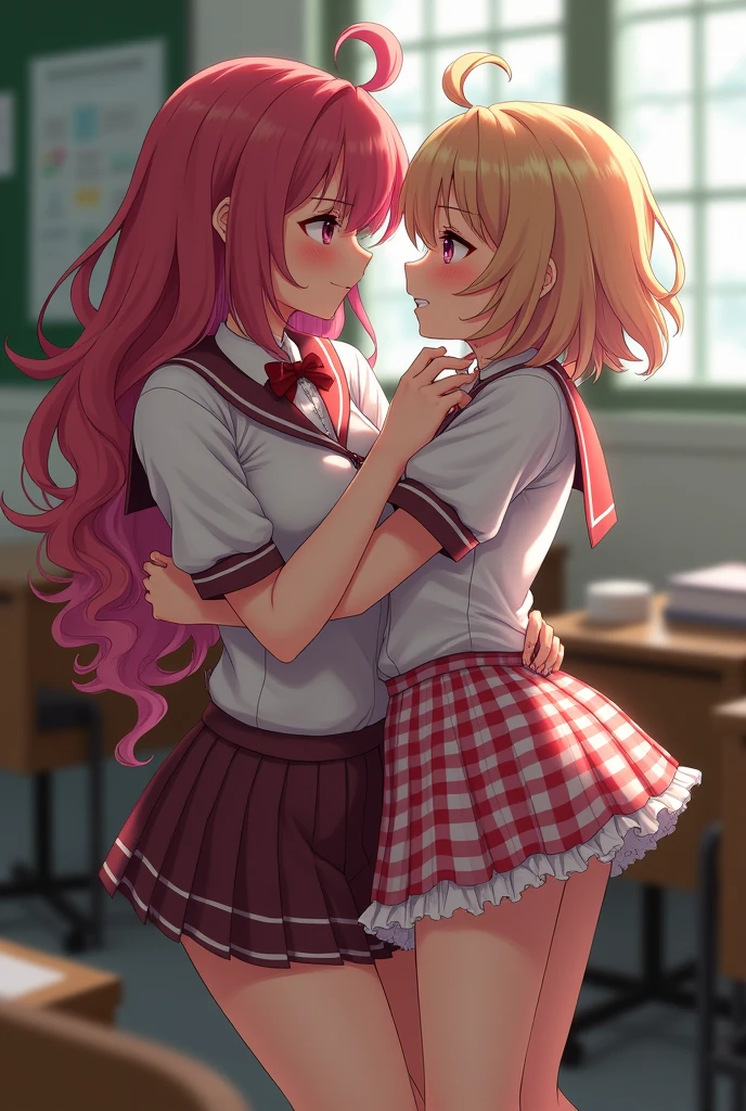 Two cute anime femboys kissing and touching in the classroom full body wight high thighs