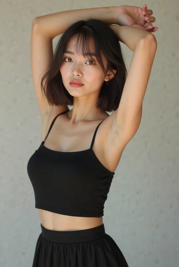 pretty, mature, girl, short hair, black hair, white skin, very small breasts, armpits, armpits visible, sweaty armpits, outdoor, wearing black outfit,